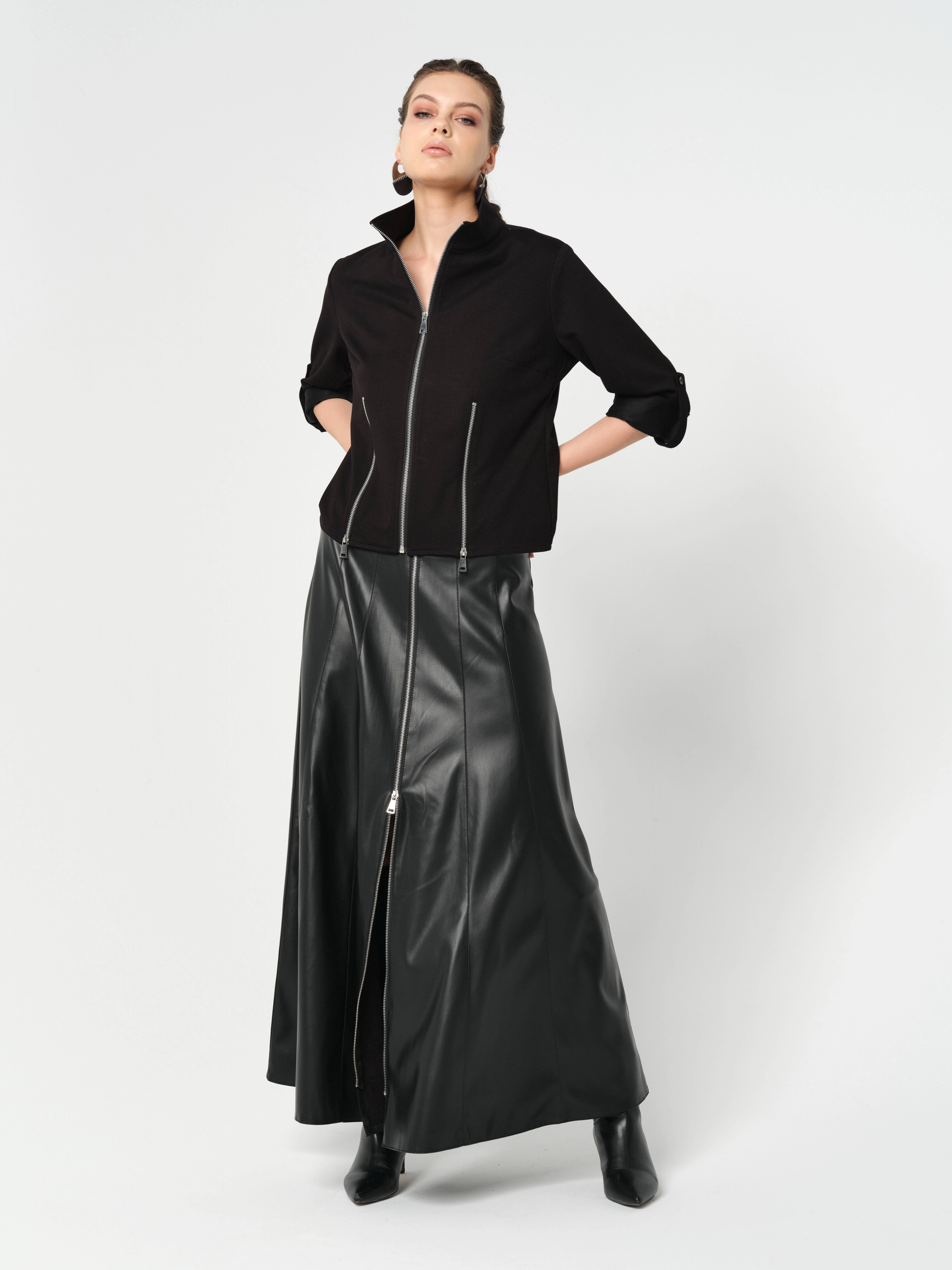 Önden Full Fermuarlı Suni Deri Etek