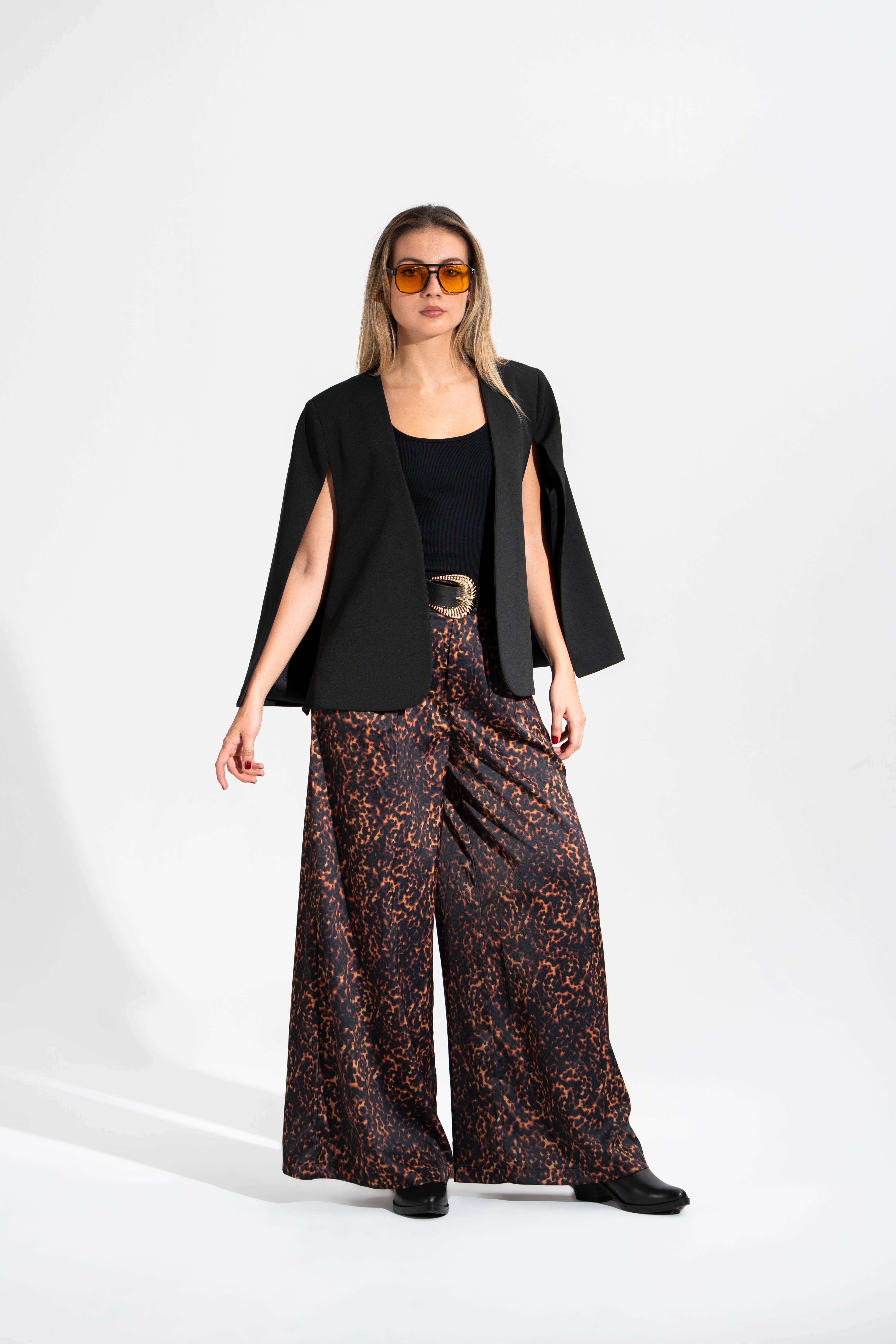 Gold Kemerli,Leopar Desen Saten Pantolon