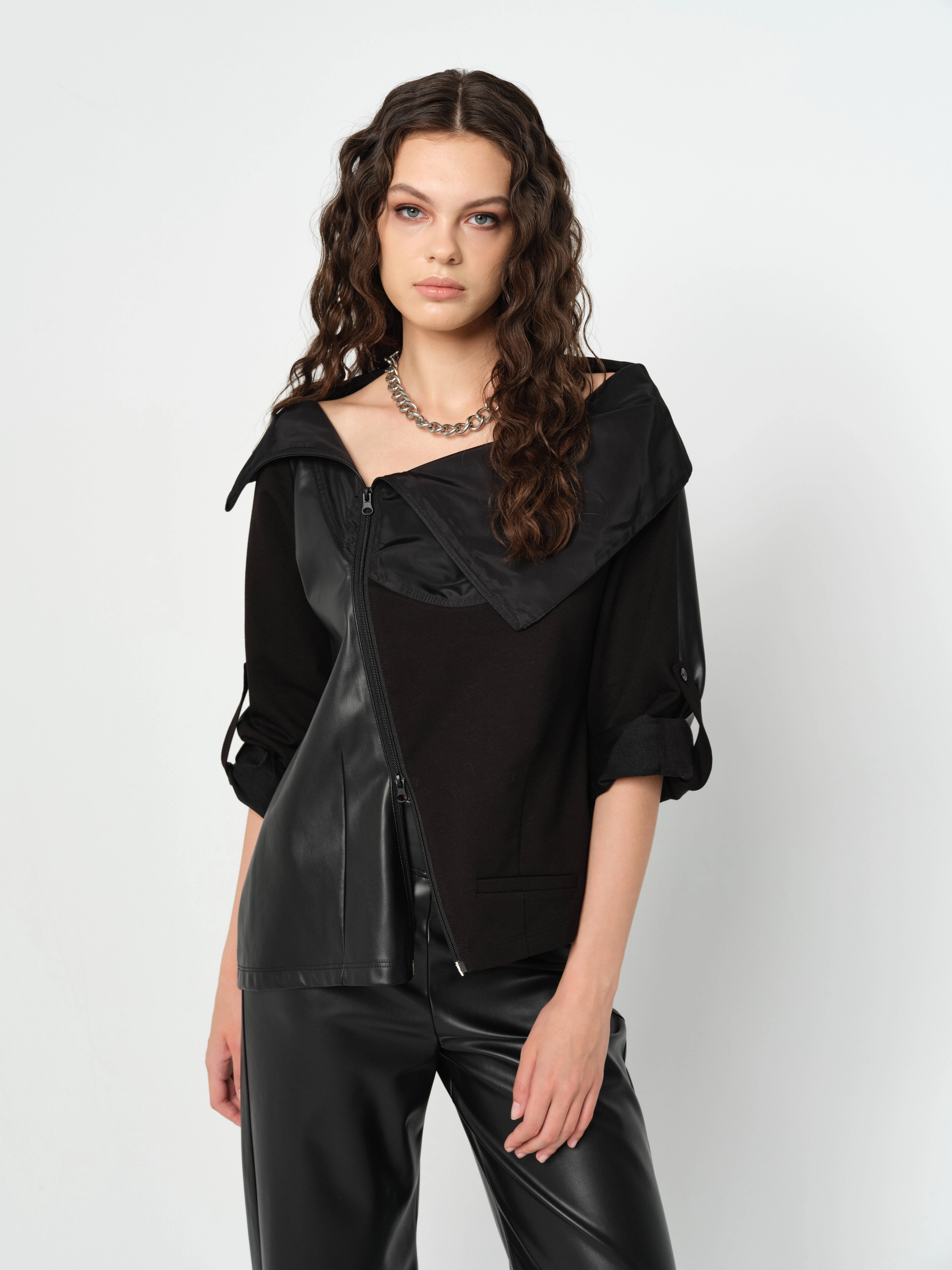 Tasarım,Fermuar ve Deri Detaylı Bluz