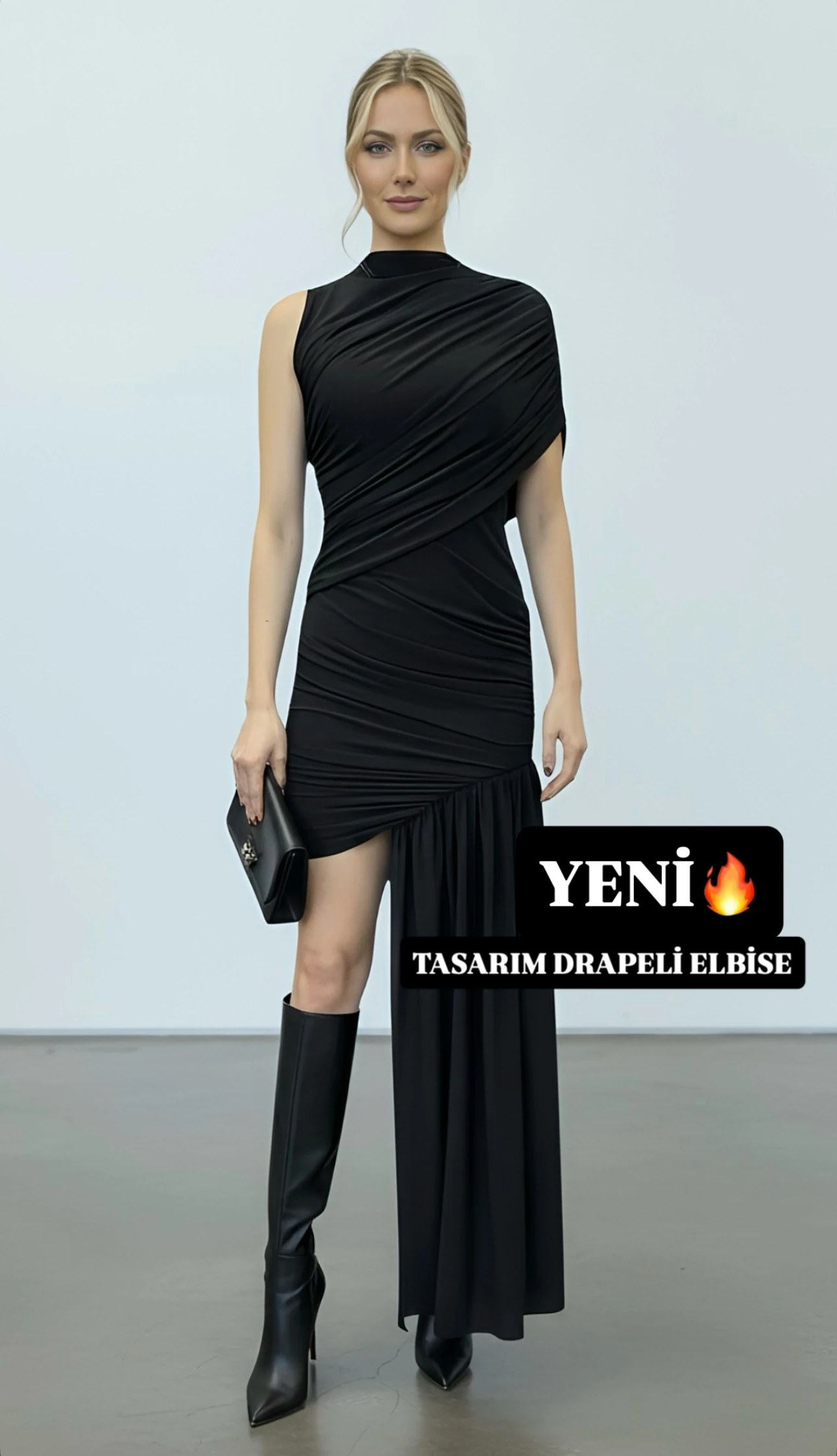 Tasarım,Drapeli Elbise-Siyah