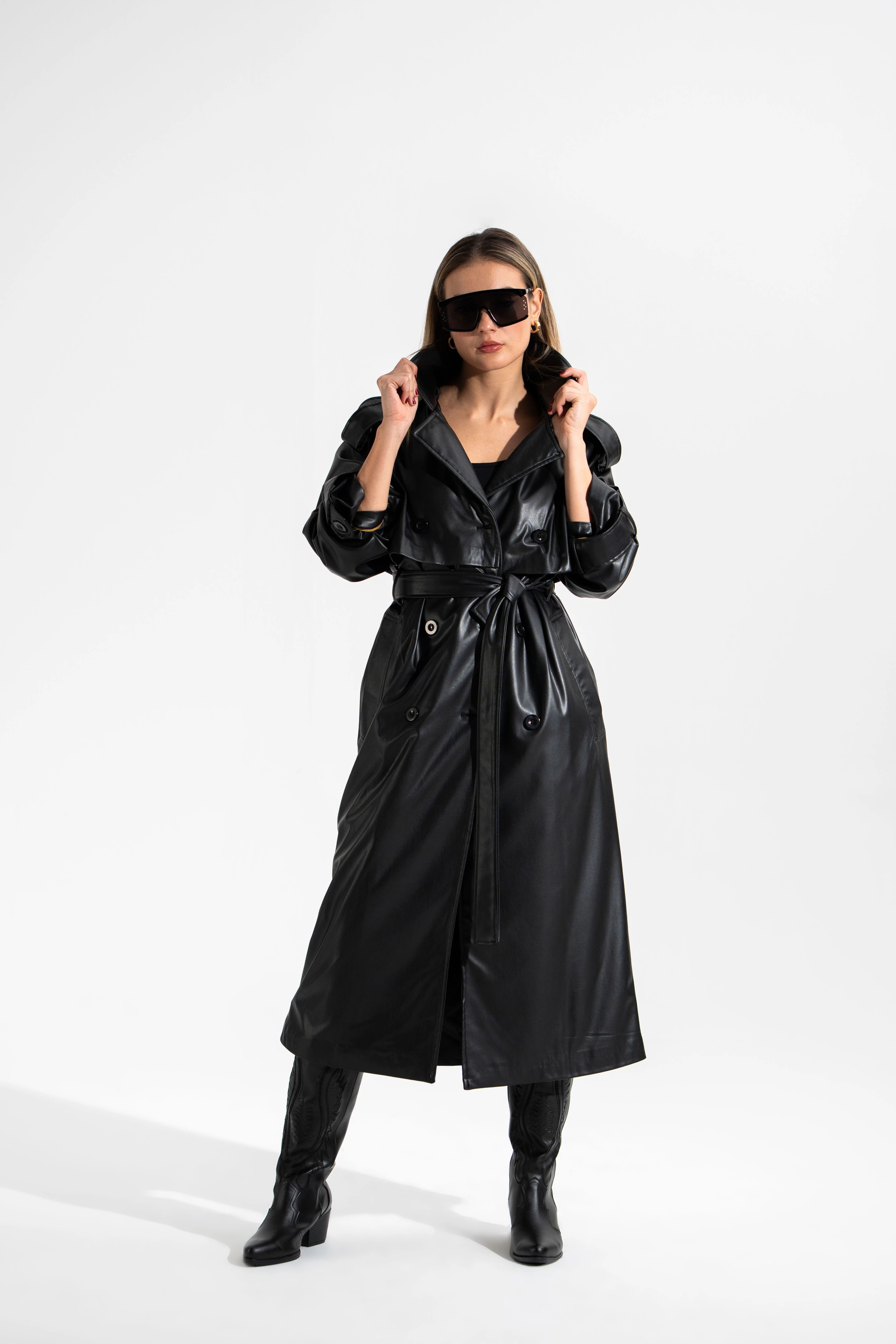 Suni Deri,Tasarım Trençkot-Siyah