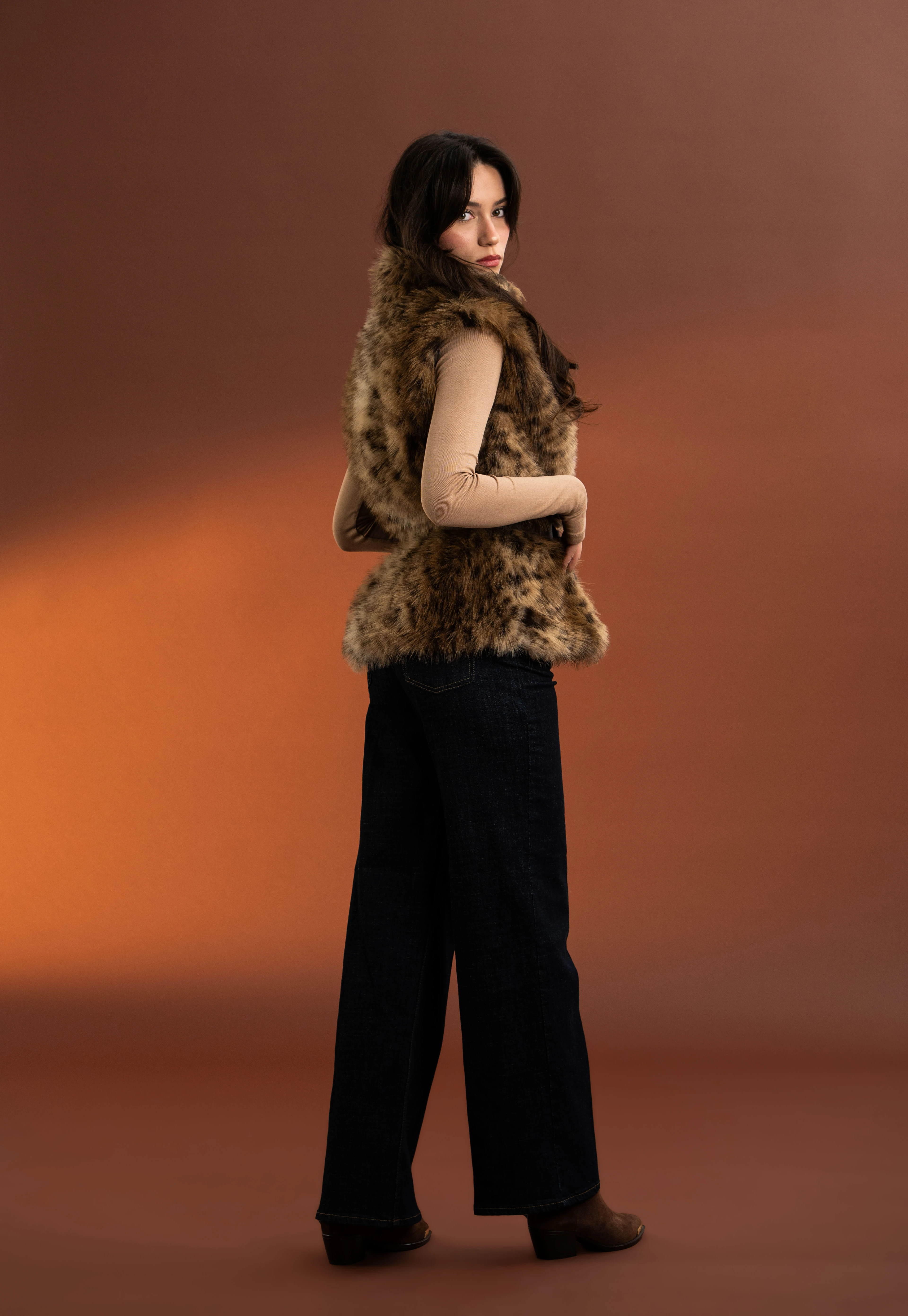 Leopar Desenli,Kemerli Kürk Yelek