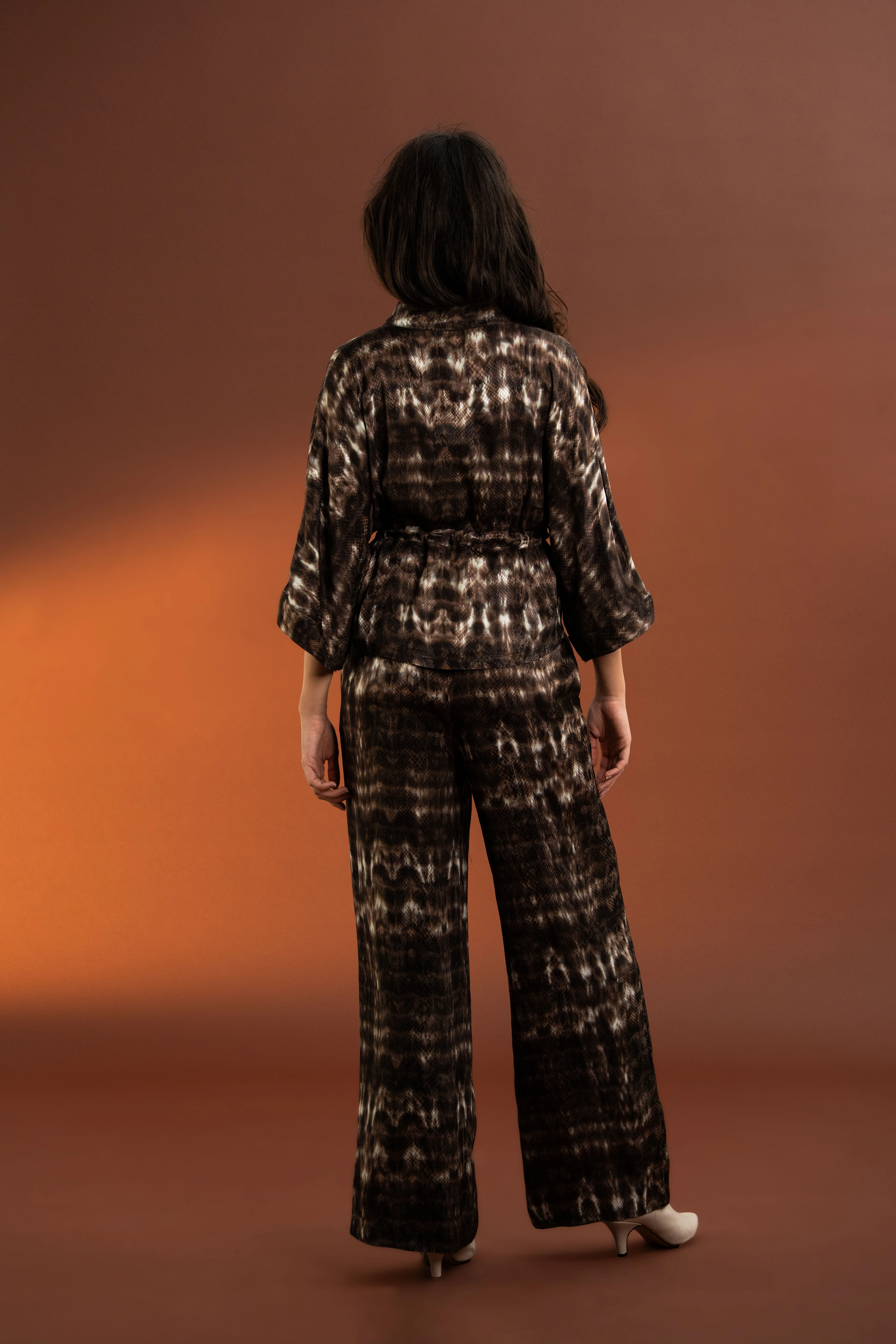 Premium Kalite,Önü Fermuarlı,İkili Saten Takım-Kahverengi