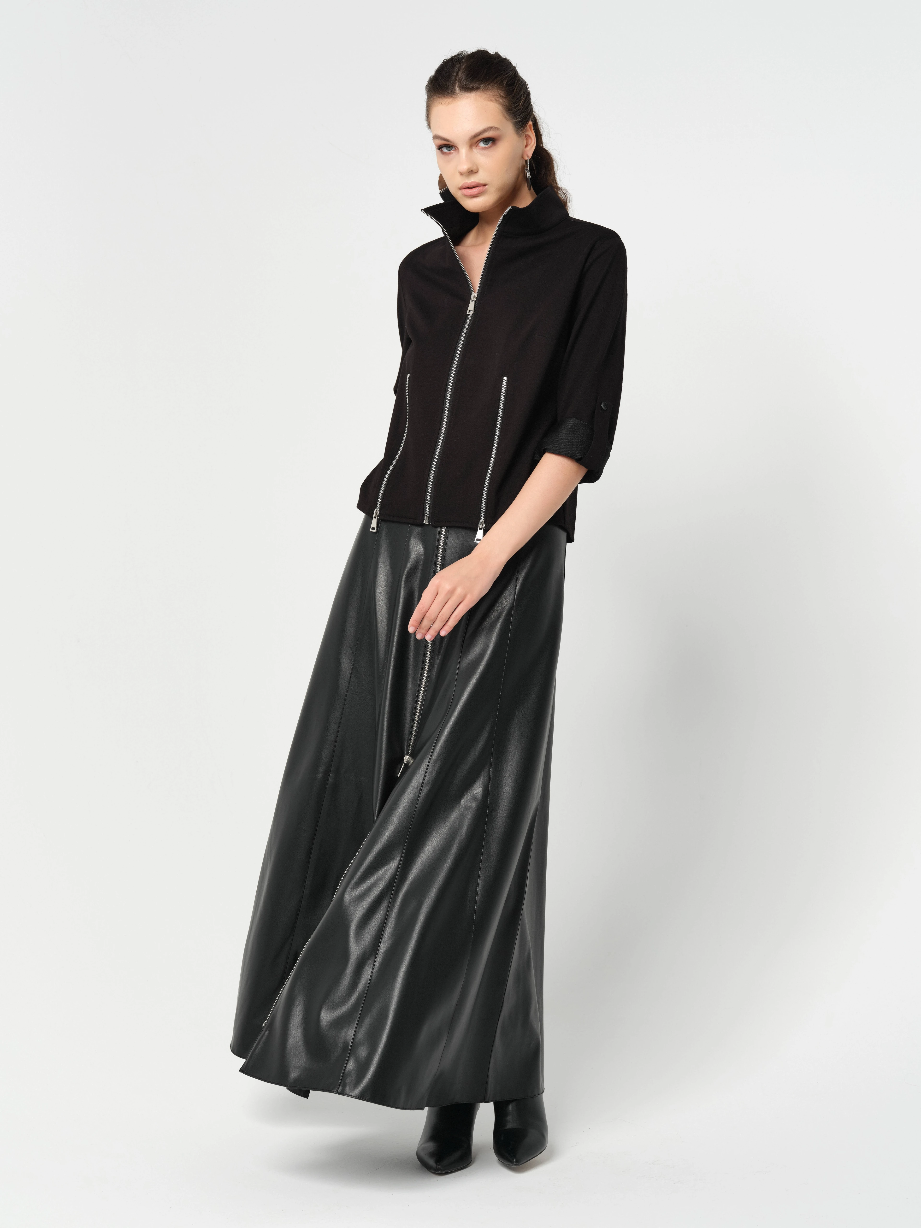 Önden Full Fermuarlı Suni Deri Etek