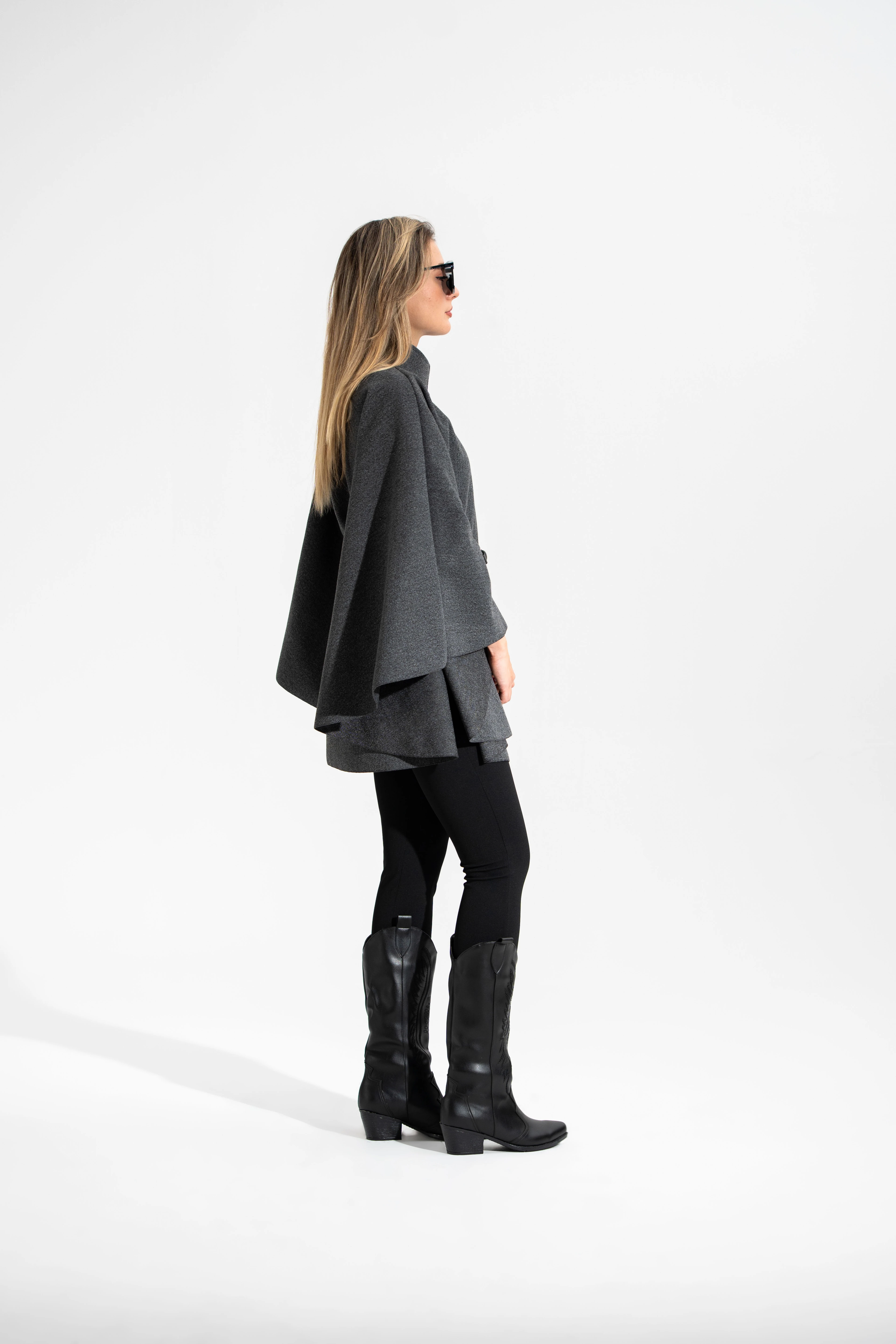 Kemerli,Kaşe,Kadın Panço-Antrasit