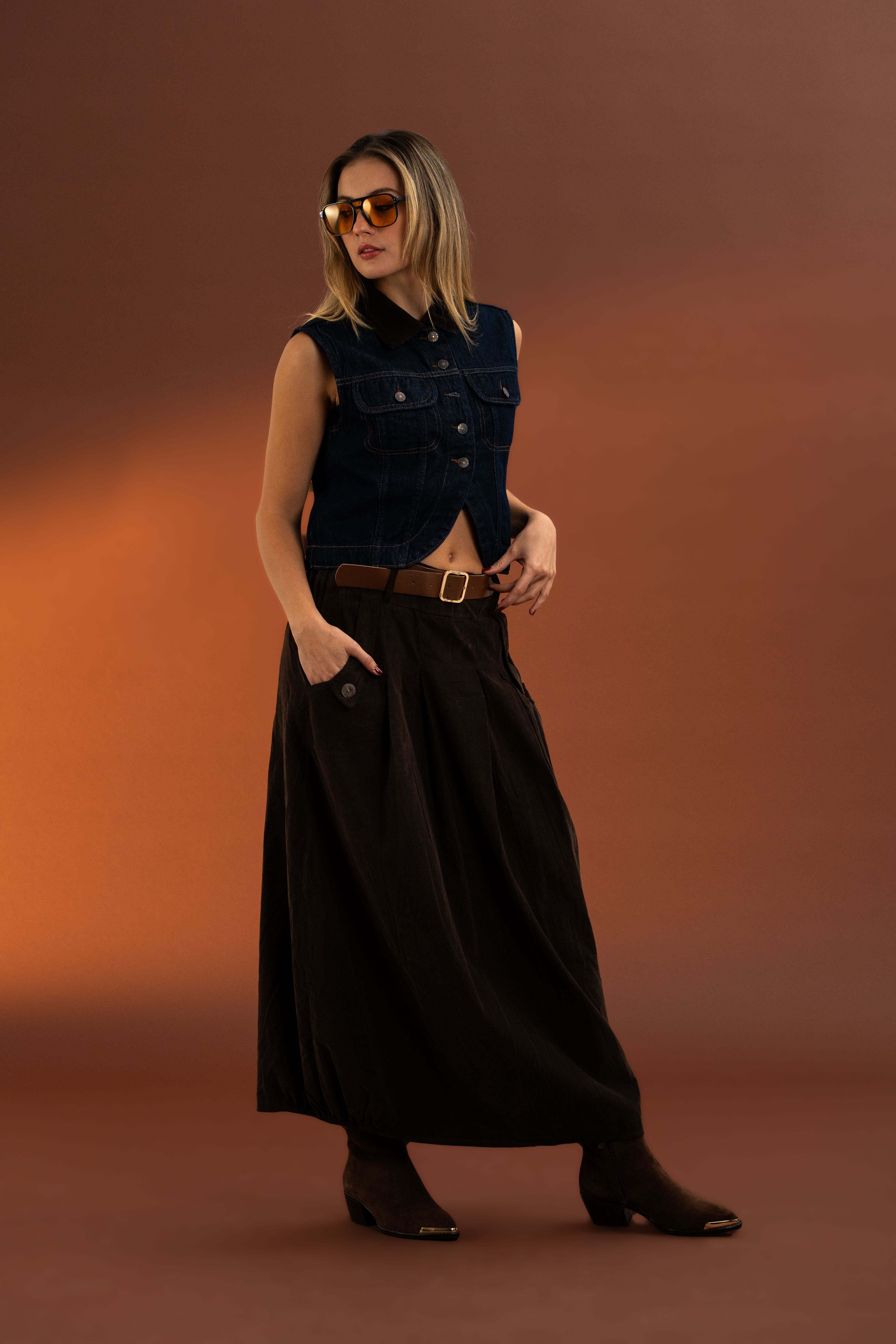 İtalyan,Yıkamalı,Beli Lastikli, Ara Beden ,Kadife Etek-Kahverengi