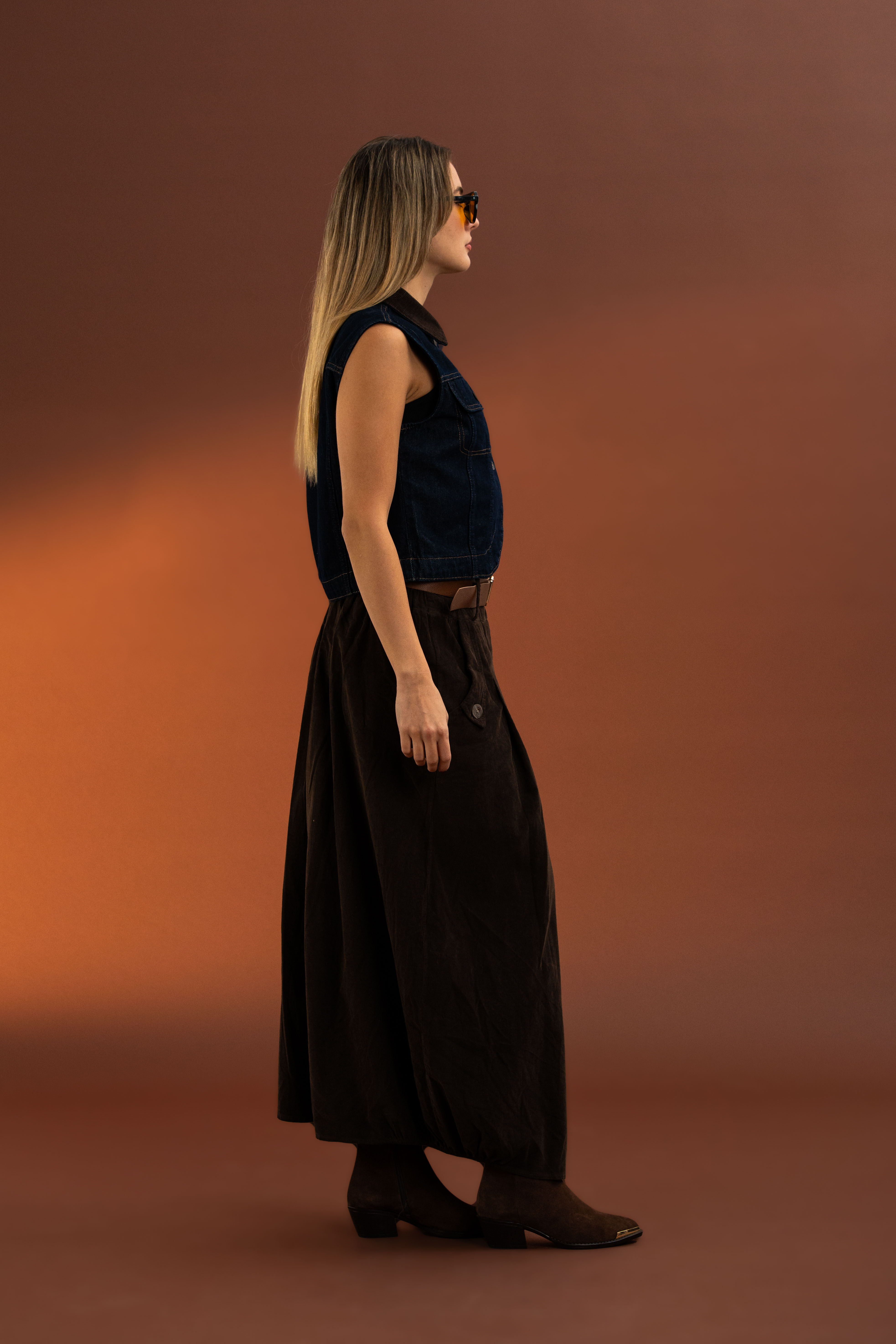 İtalyan,Yıkamalı,Beli Lastikli, Ara Beden ,Kadife Etek-Kahverengi