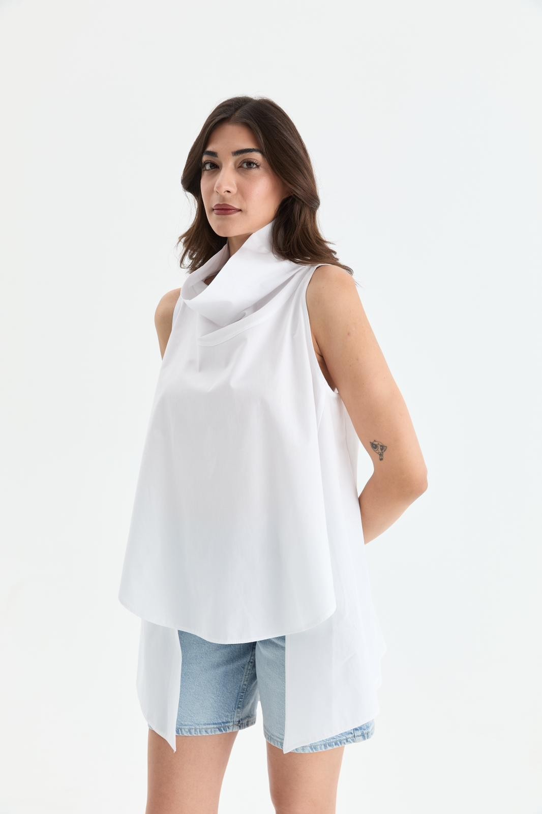 Asimetrik,Poplin Kumaş Bluz-Beyaz