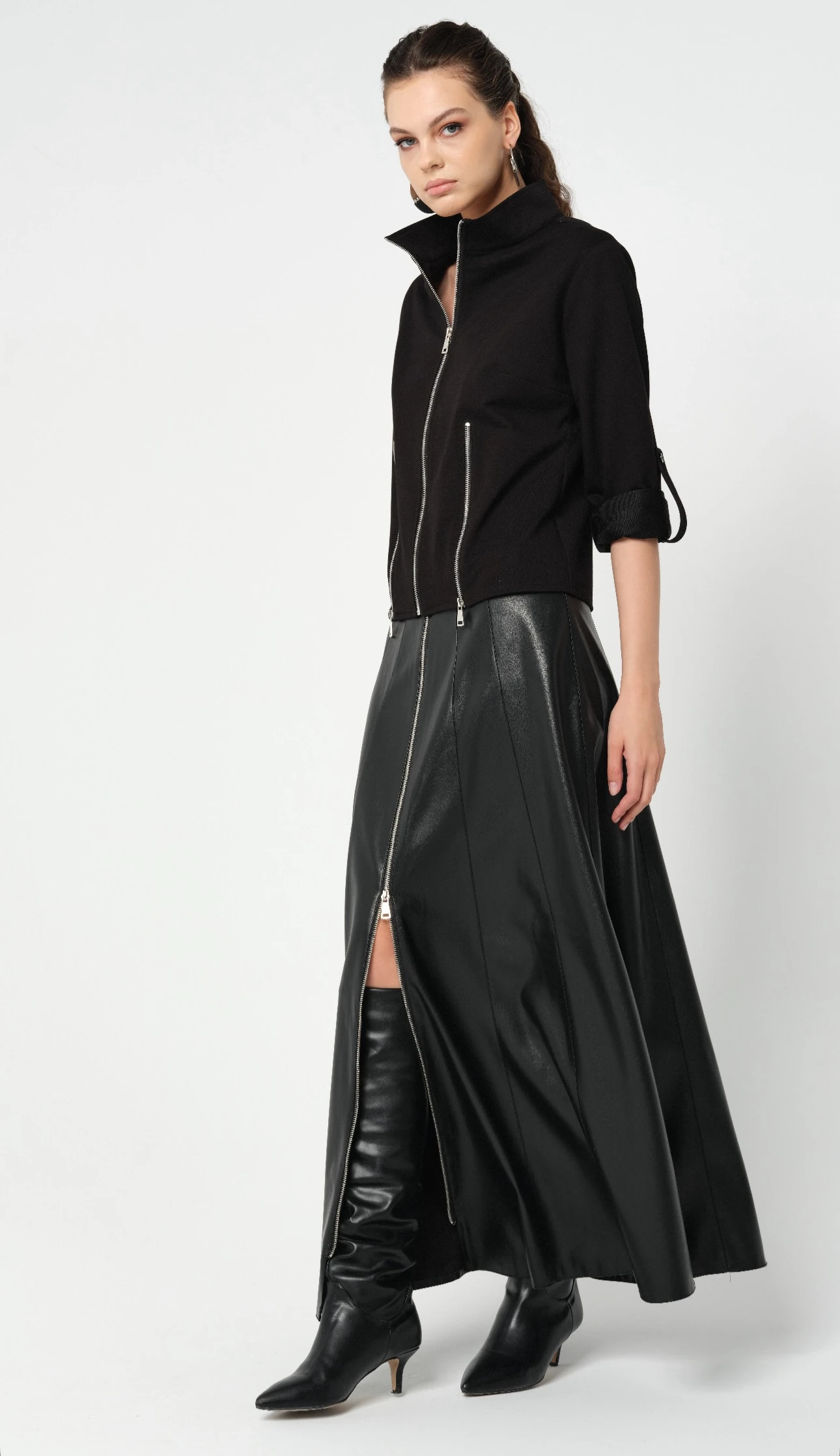 Önden Full Fermuarlı Suni Deri Etek