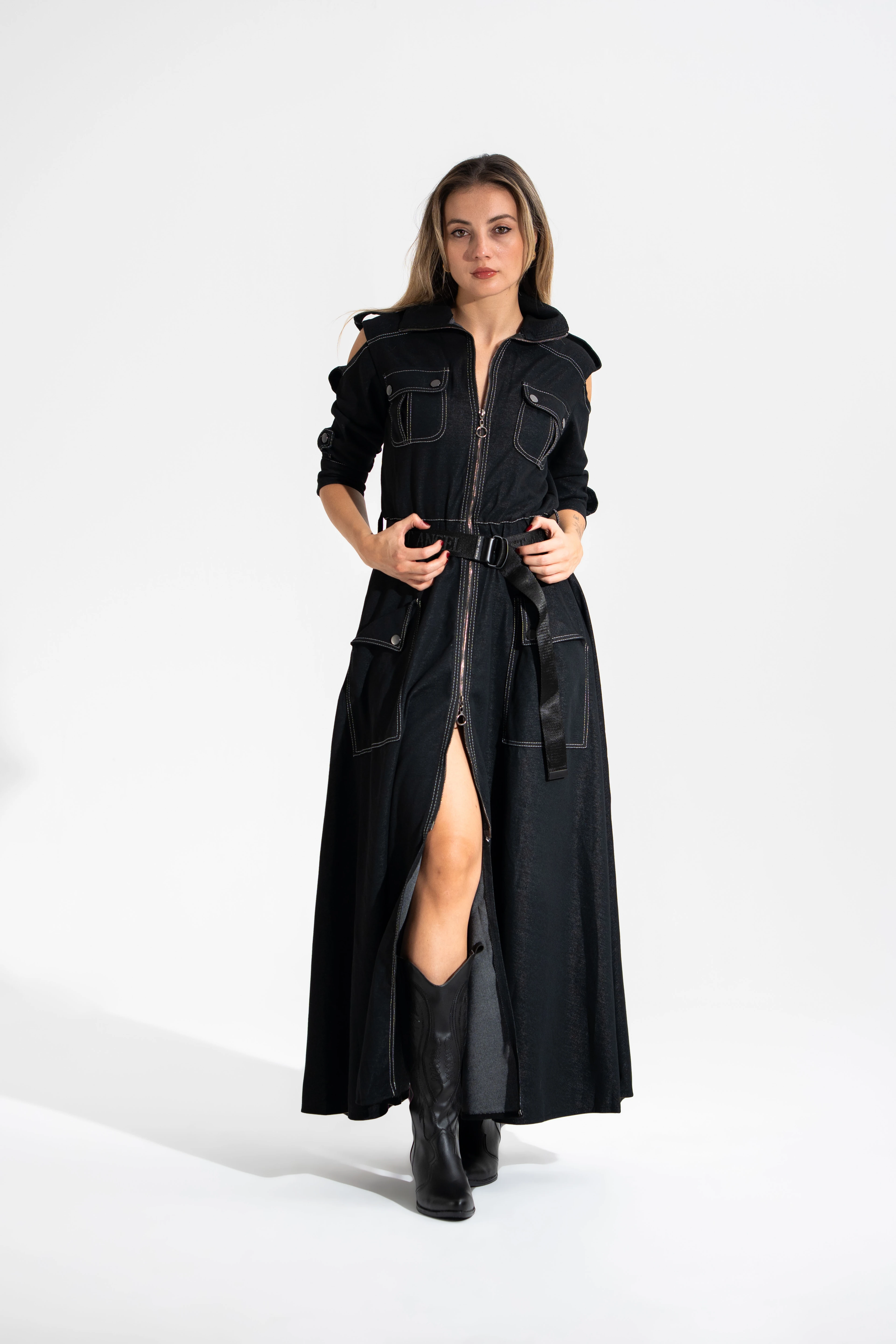 Tasarım,Omuz ve Cep Detaylı,Palaska Kemerli Elbise