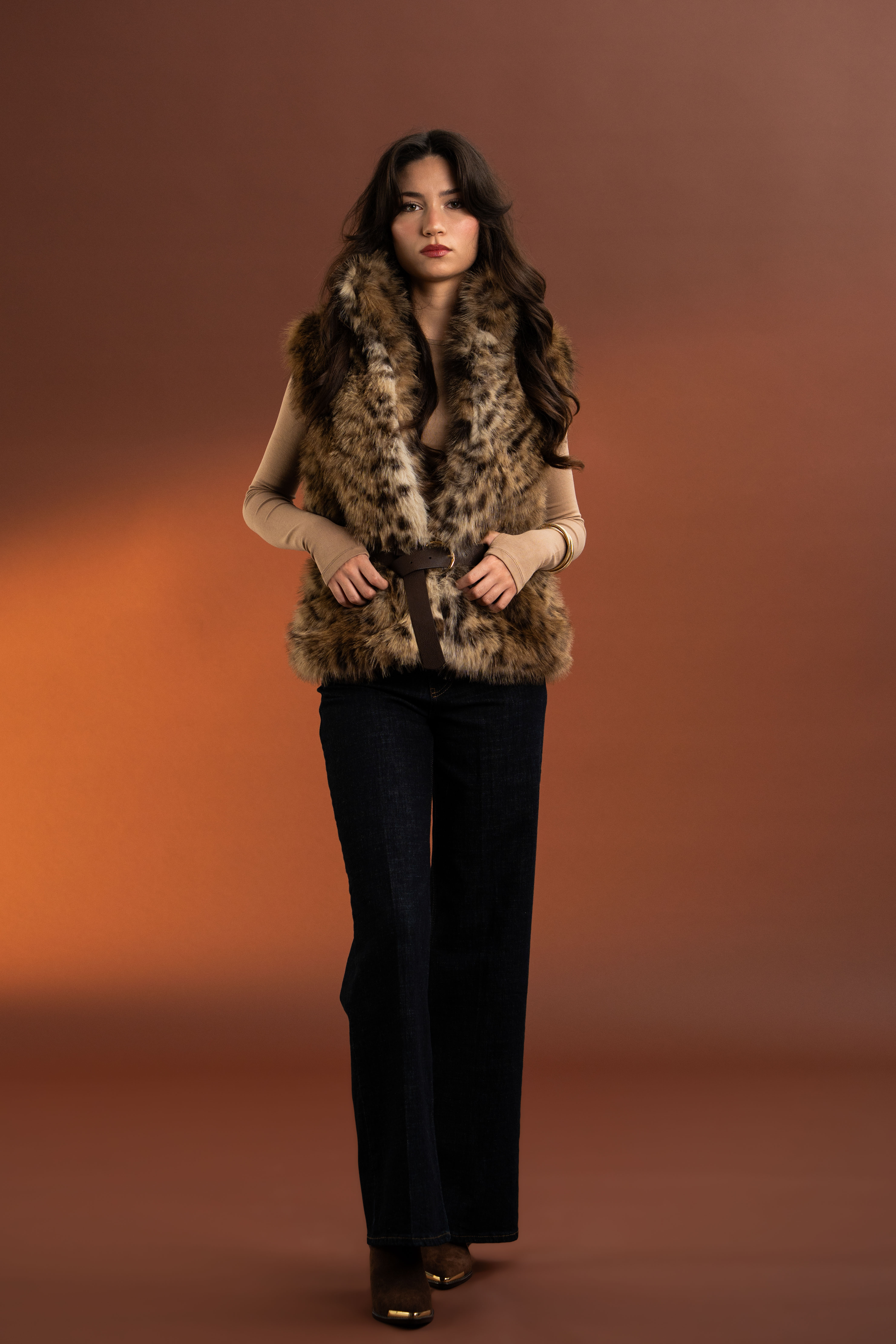 Leopar Desenli,Kemerli Kürk Yelek