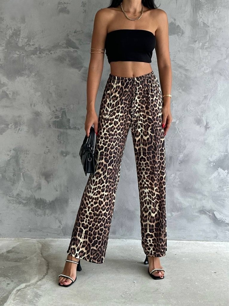 Kadın Varak Baskılı Leopar Desenli Mevsimlik Beli Lastikli Geniş Paça Pantolon