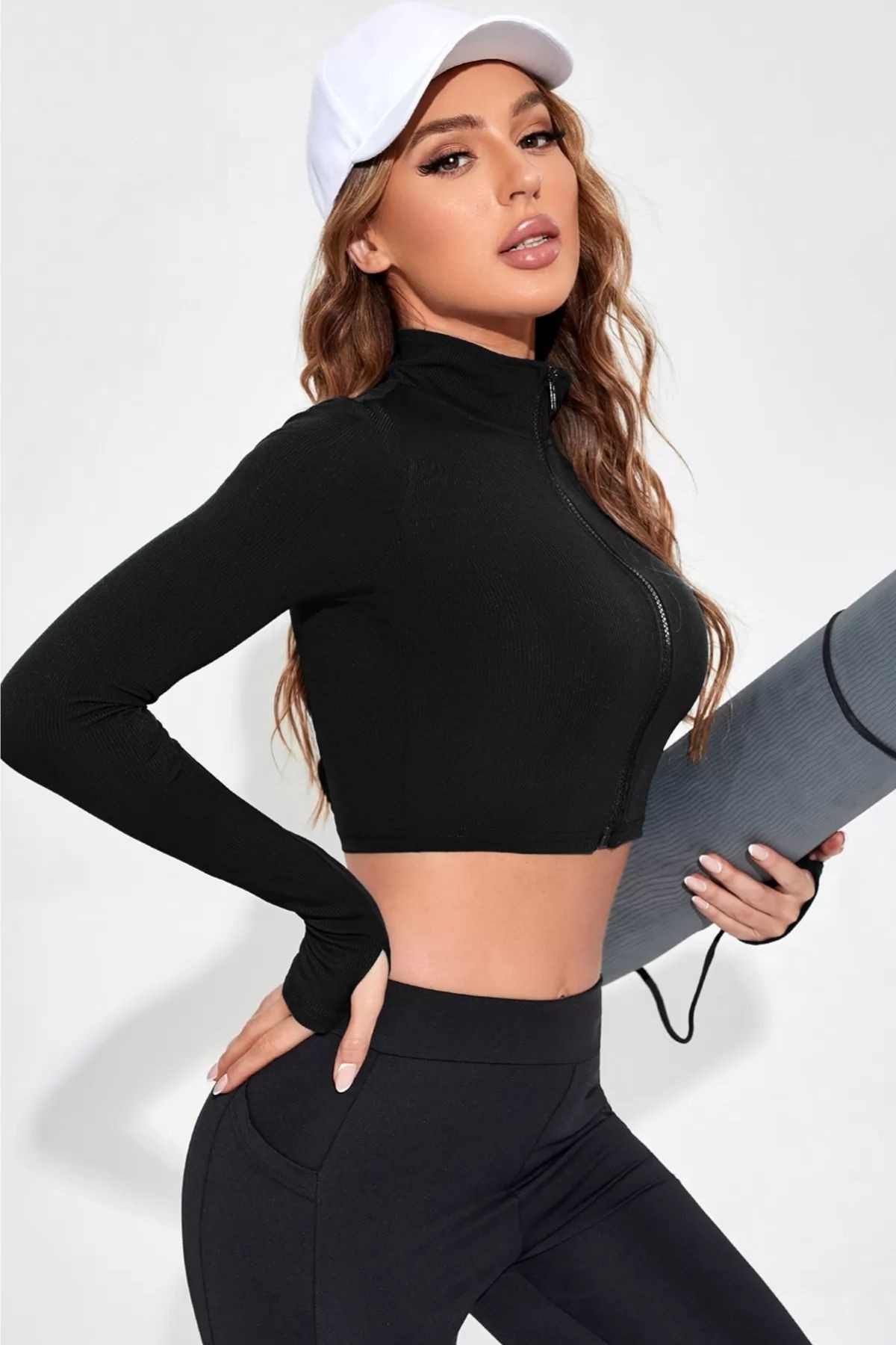 Kadın Fermuarlı Parmak Geçme Detaylı Top Bluz Dik Yaka Uzun Kol Crop