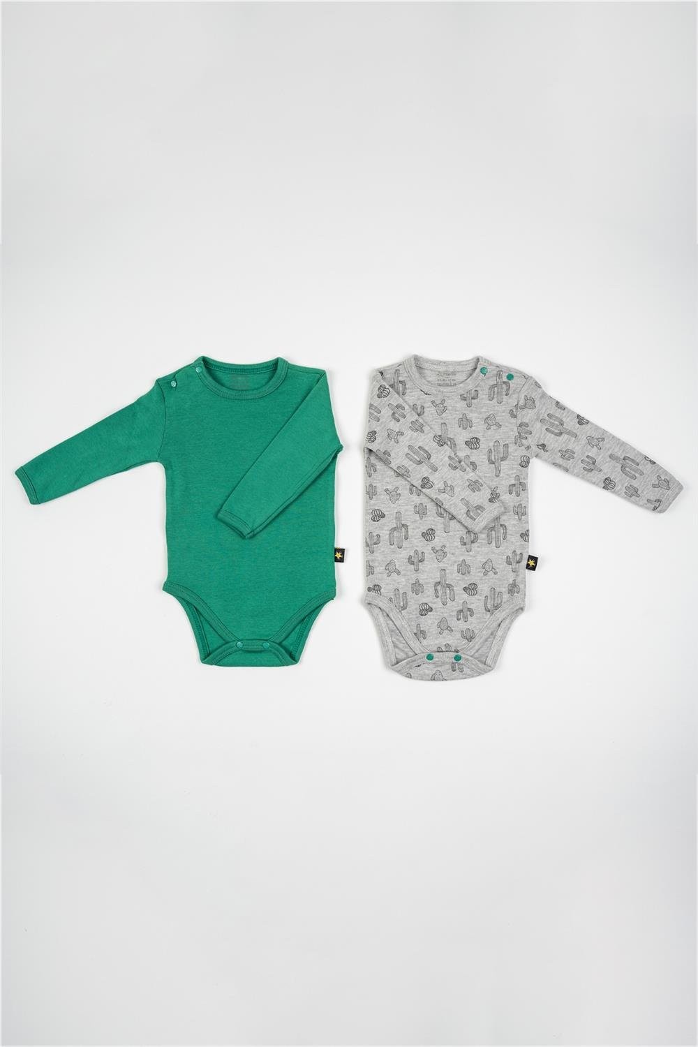 Unisex Bebek Yeşil Gri Kaktüs Detaylı İkili Çıtçıtlı Zıbın Takım