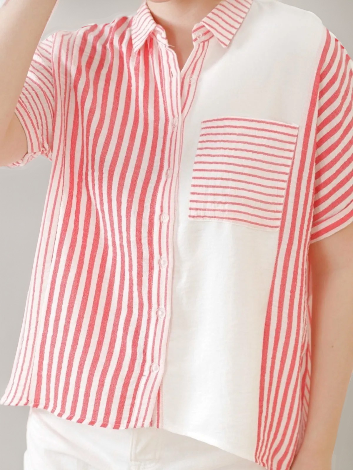Kadın Keten Oversize Pembe Cizgili Beyaz Kısa Kollu Gömlek