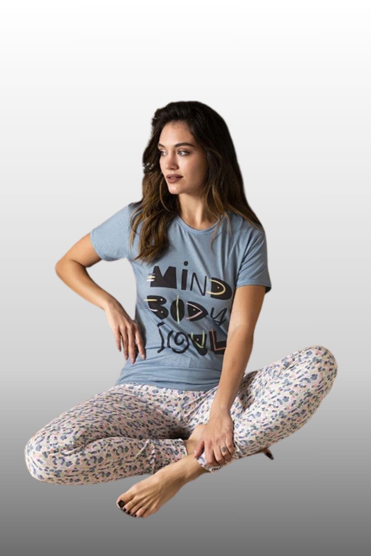 Kadın Mavi Renk Desenli Pamuklu Kısa Kol Pijama Takımı