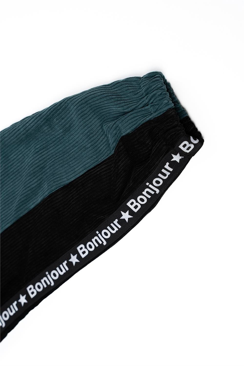 Kadın Siyah Souchi Bonjour Şeritli Yeşil Kadife Pantolon