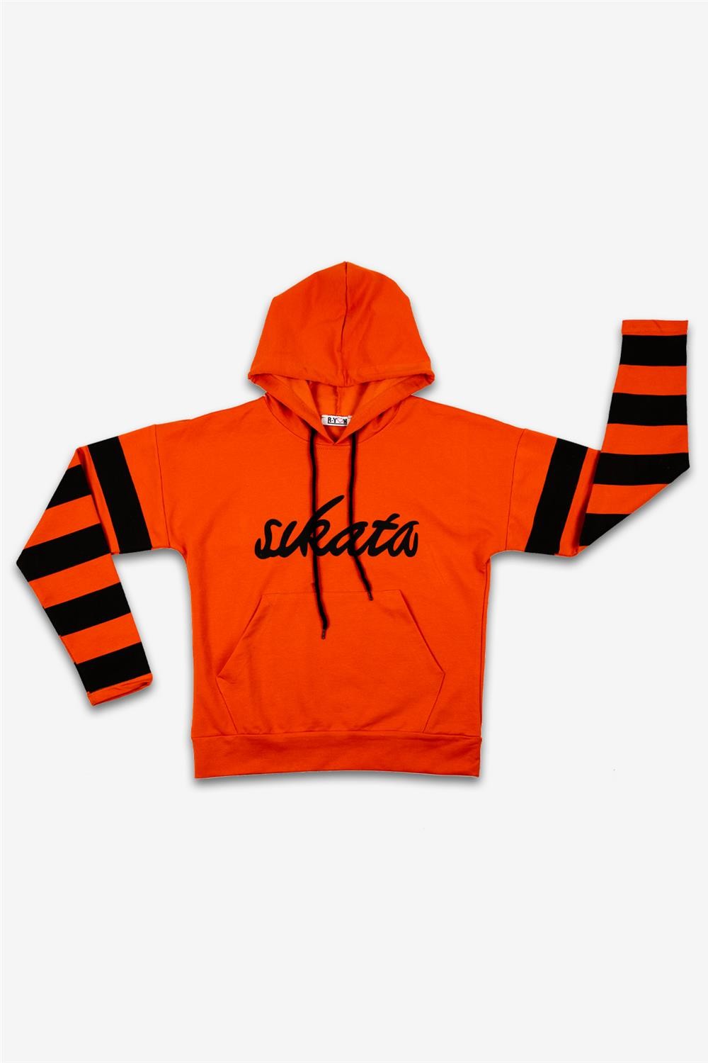 Kadın Turuncu Kolları Siyah Çizgili Kapşonlu Sweatshirt