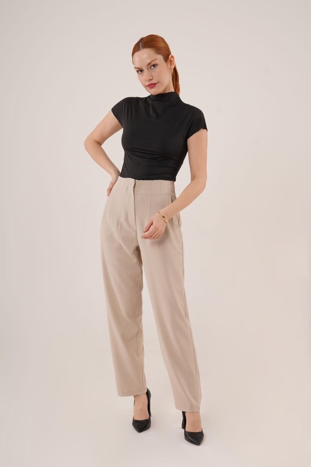 Çift Pens Detaylı Krem Pantolon