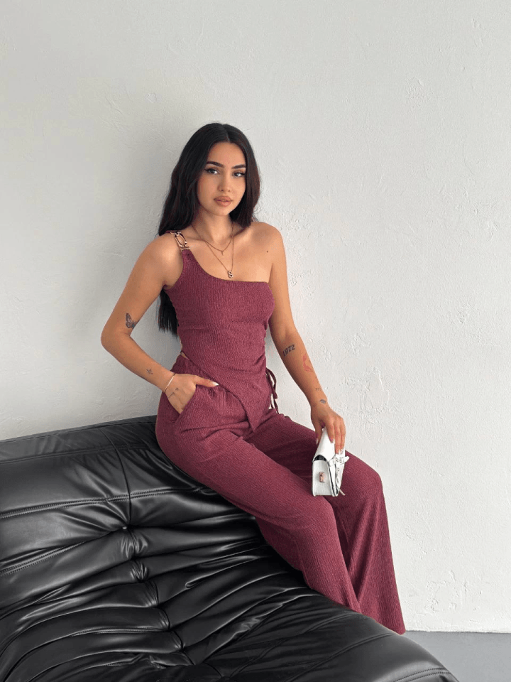 Asimetrik Crop Pantalon Ikili Takım - Gül Kurusu