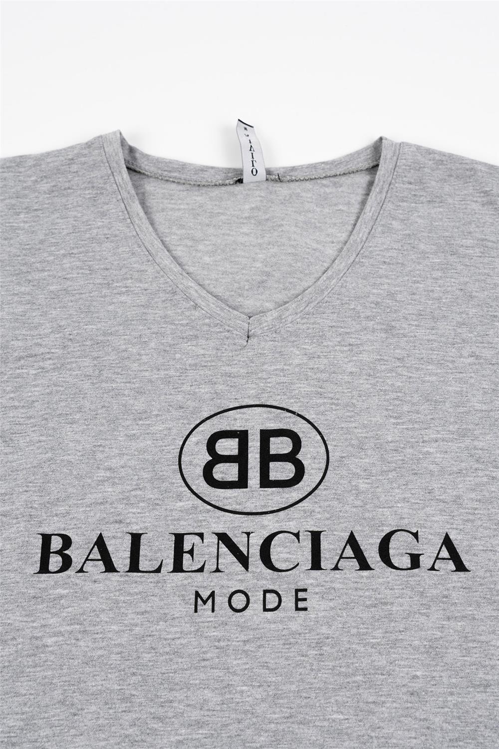 Kadın Gri V Yaka Balenciaga Tişört