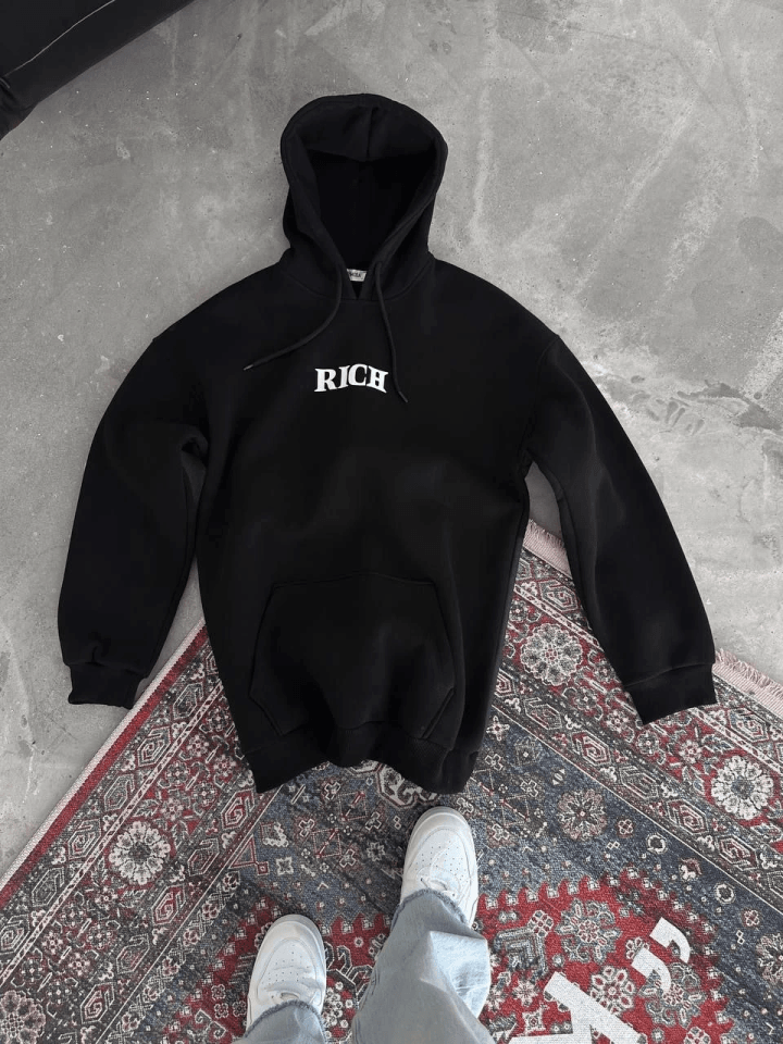 Uzun Kol Kapşonlu Göğüs Baskılı SweatShirt - Siyah