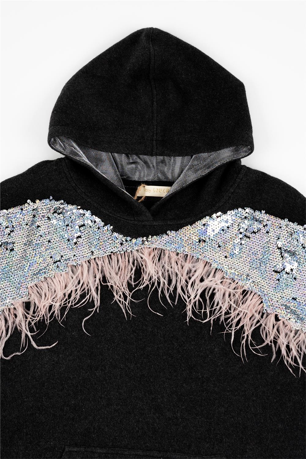 Kadın Gri Omuzdan Kola Pullu Kapşonlu Cepli Sweatshirt