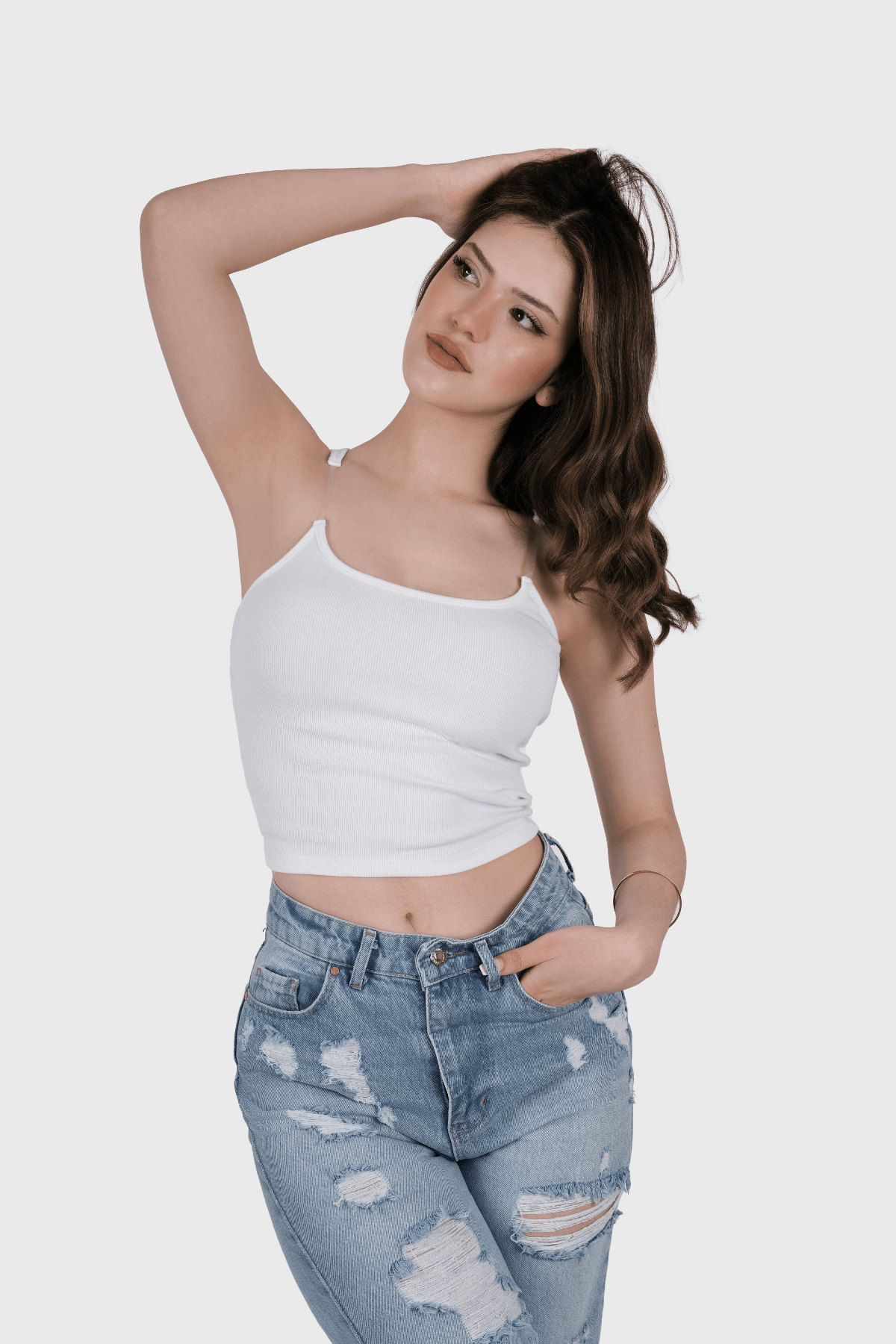 Kadın Şeffaf Askılı Beyaz Kaşkorse Yazlık Şık Body Crop