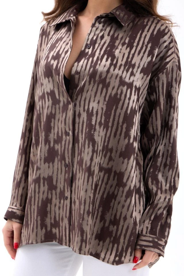 Simala Kadın Şık Uzun Kollu Desenli Rahat Gömlek 