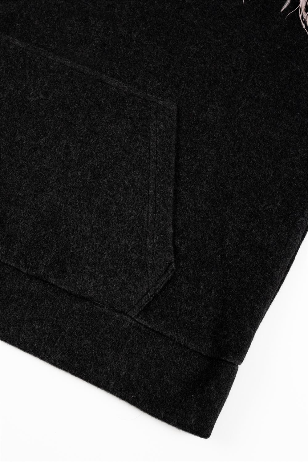 Kadın Gri Omuzdan Kola Pullu Kapşonlu Cepli Sweatshirt