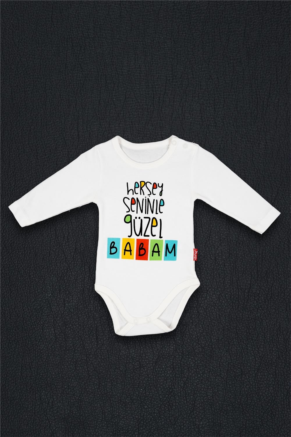 Unisex Bebek Beyaz Her Şey Seninle Güzel Babam Baskılı Alttan Çıtçıtlı Zıbın