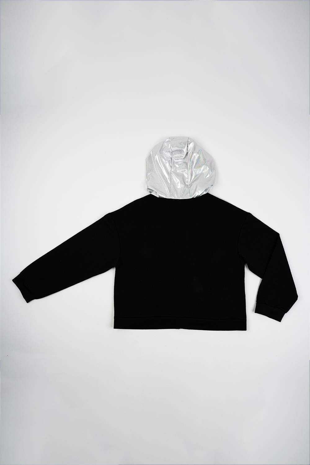 Kadın Siyah Üstü Lame Fermuarlı Kapşonlu Sweatshirt