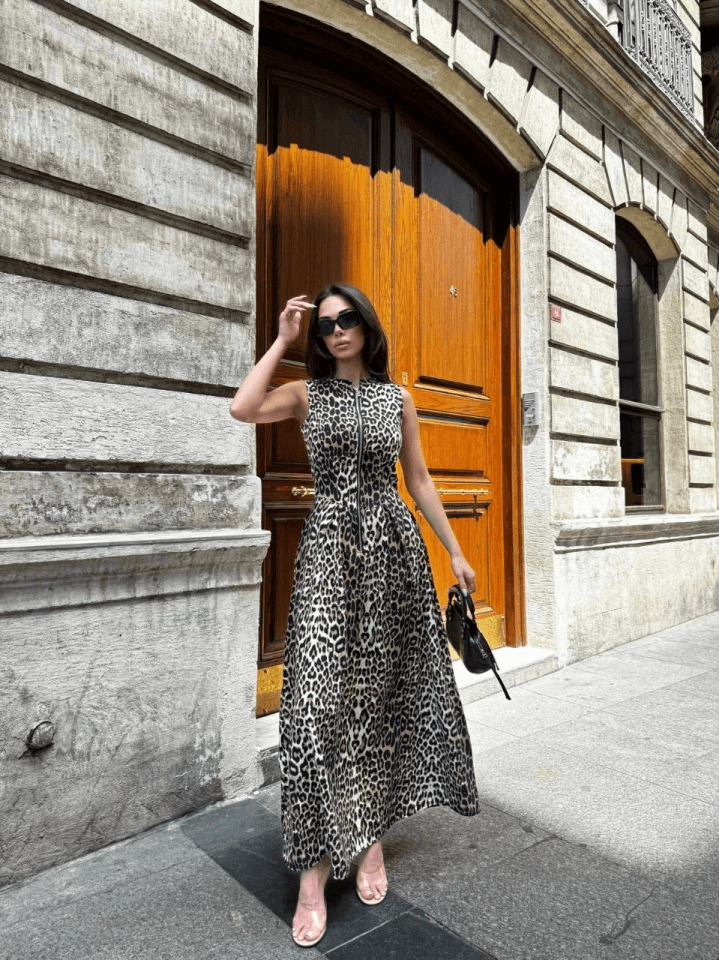 Leopar DesenliFermuarlı Cepli Pileli Midi Elbise - Leopar