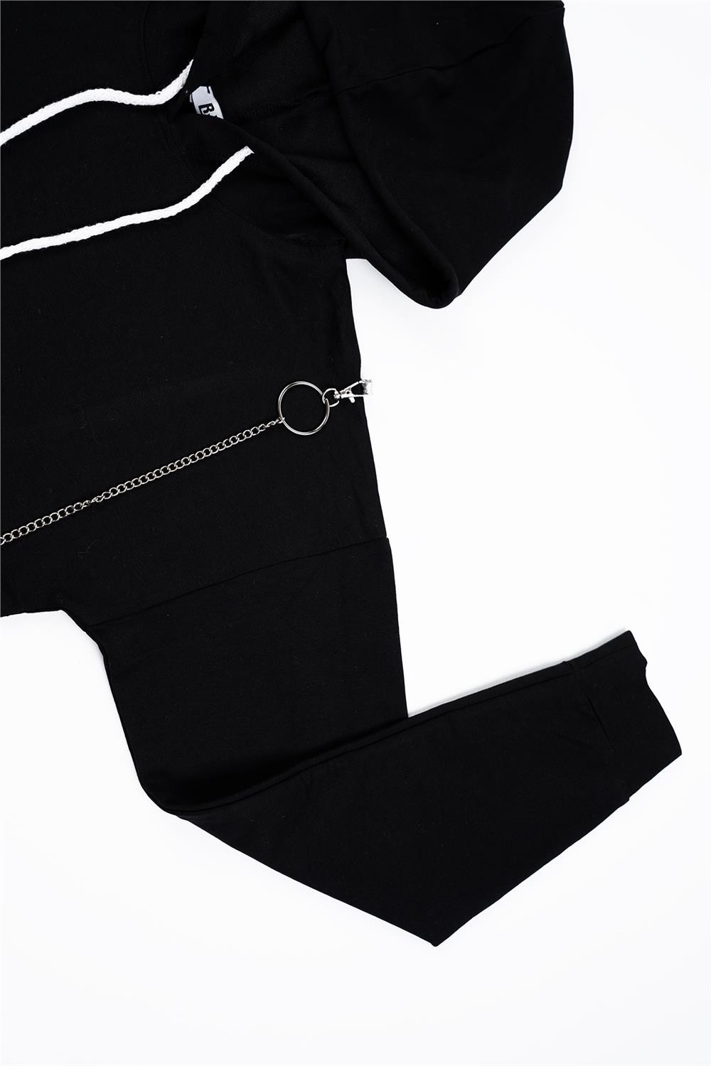 Kadın Siyah Kapşonlu Cepli Zincirli Sweatshirt