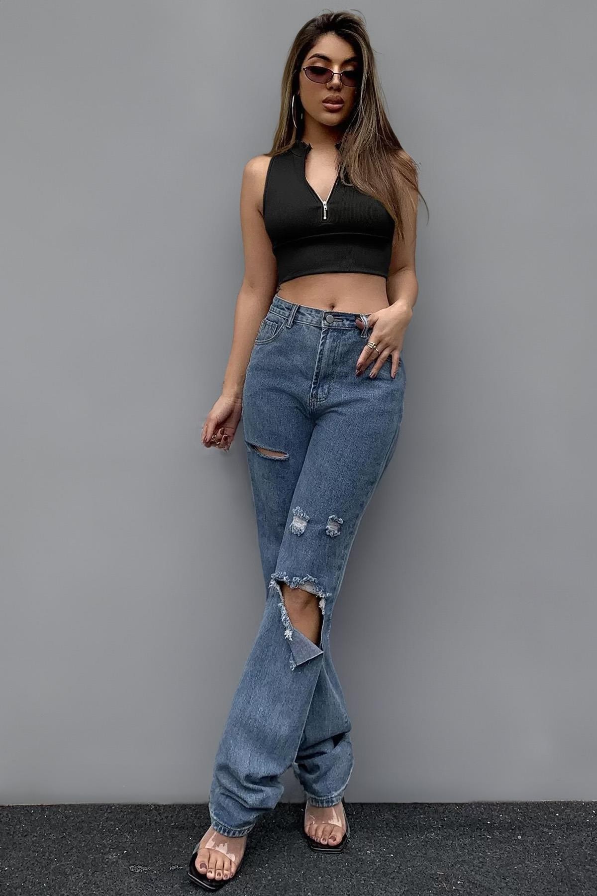 Kadın Siyah Fitted Slim Yarım Fermuarlı Kolsuz Crop