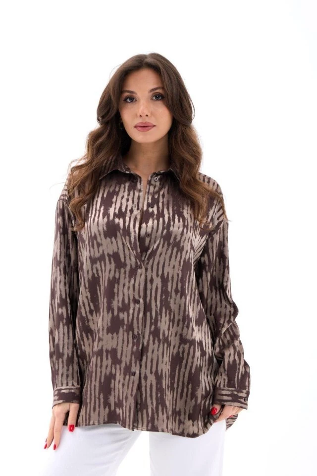 Simala Kadın Şık Uzun Kollu Desenli Rahat Gömlek 