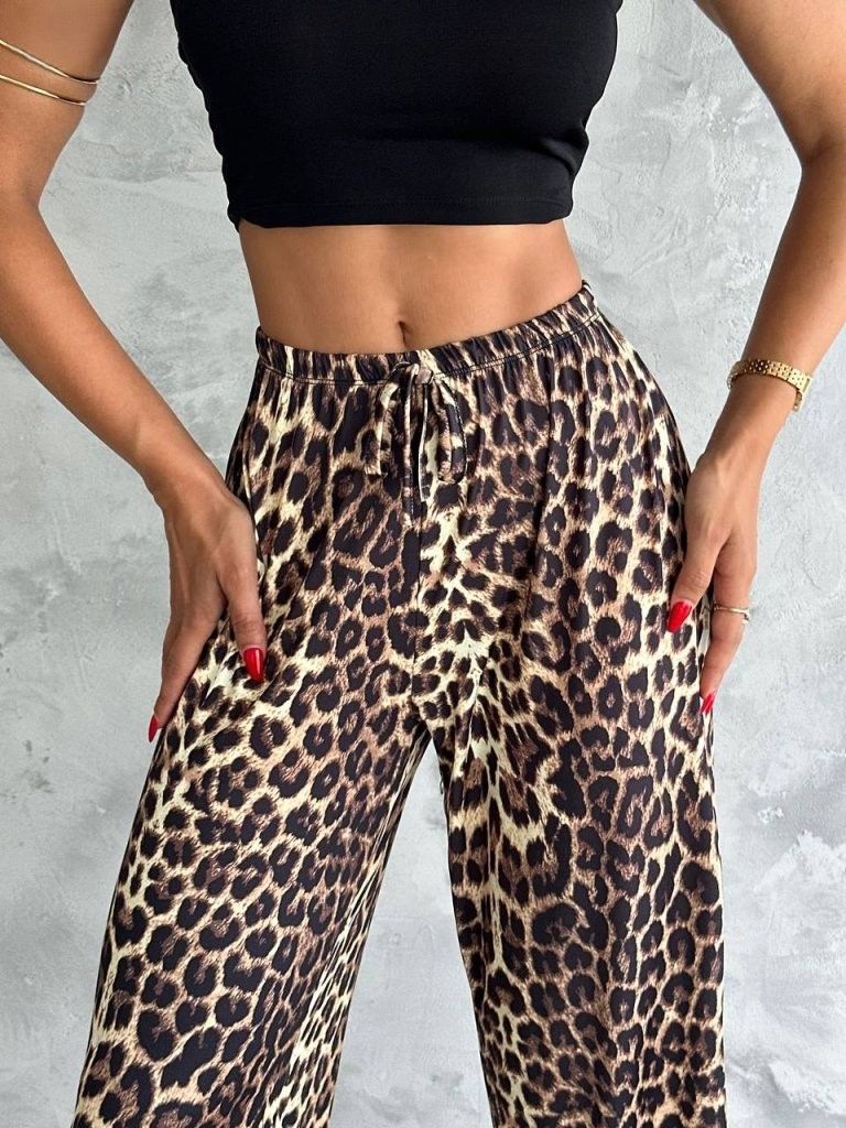 Kadın Varak Baskılı Leopar Desenli Mevsimlik Beli Lastikli Geniş Paça Pantolon