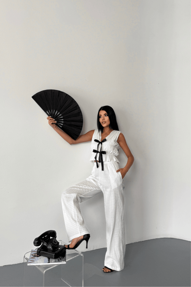 GOFRE BLUZ-PANTOLON TK KURDELE DETAYLI - Beyaz