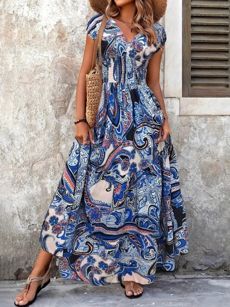 Kadın Kısa Yarasa Kanat Kollu V Yakalı Beli Büzgülü Süprem Elbise