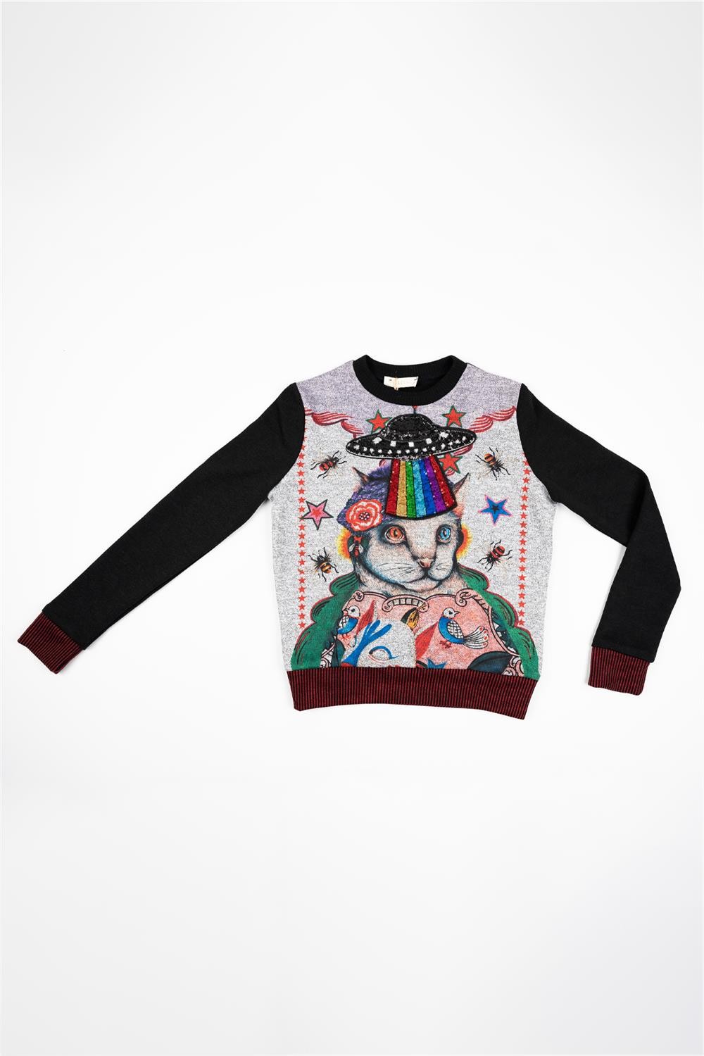 Kadın Siyah Gri Kediler Uzaylıdır Pul Detaylı Sweatshirt