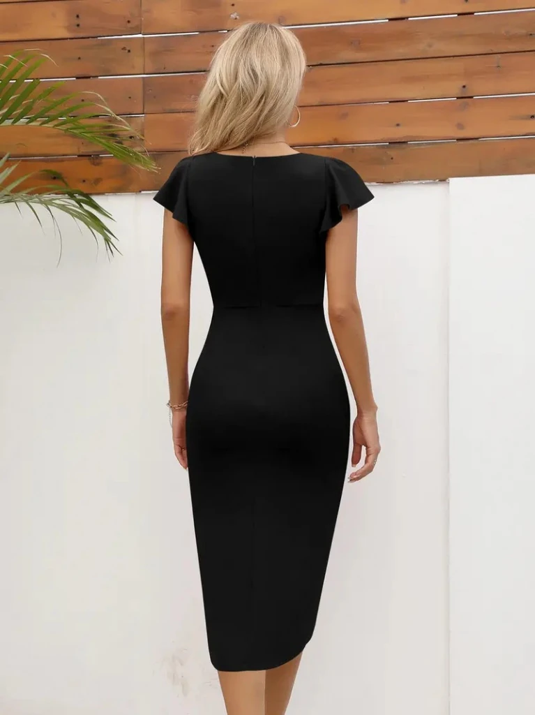 Kadın Kısa Kollu Kalp Yaka Yanlardan Büzgü Detay Midi Janjan Krep Elbise