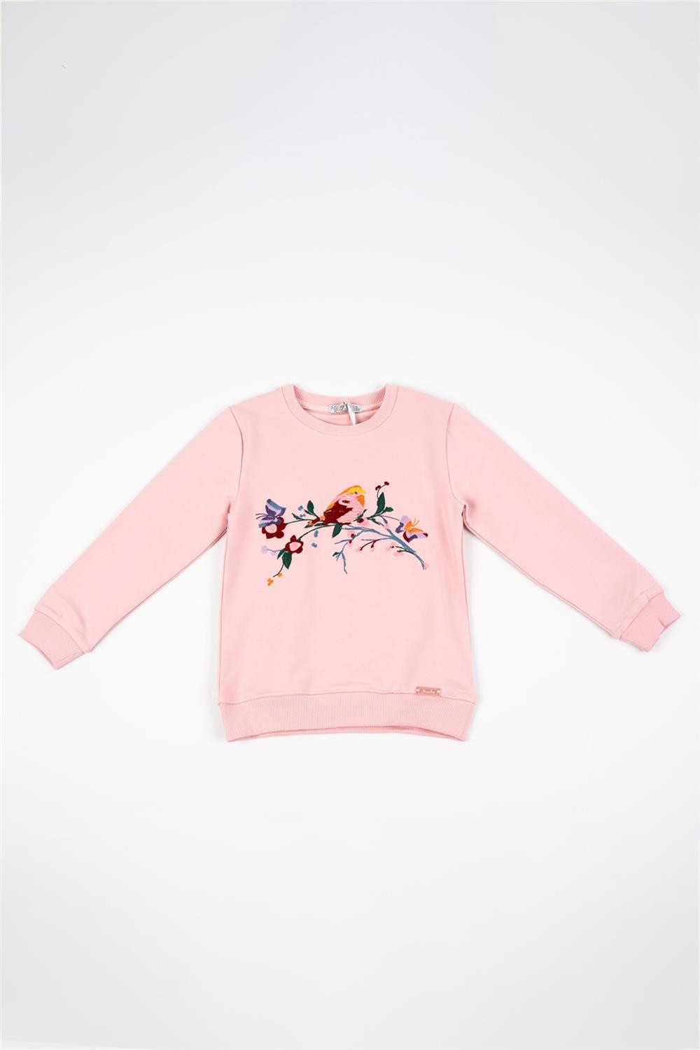 Kız Çocuk Pembe Uzun Kollu Kuş Nakış Detaylı Kışlık Sweatshirt