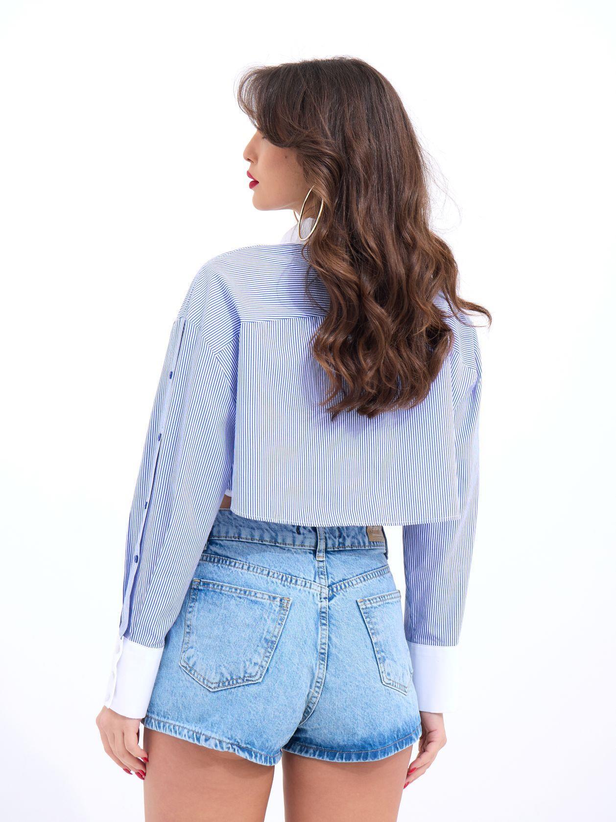 Simala Kadın Uzun Kollu Şık Mavi Çizgili Kısa Gömlek 