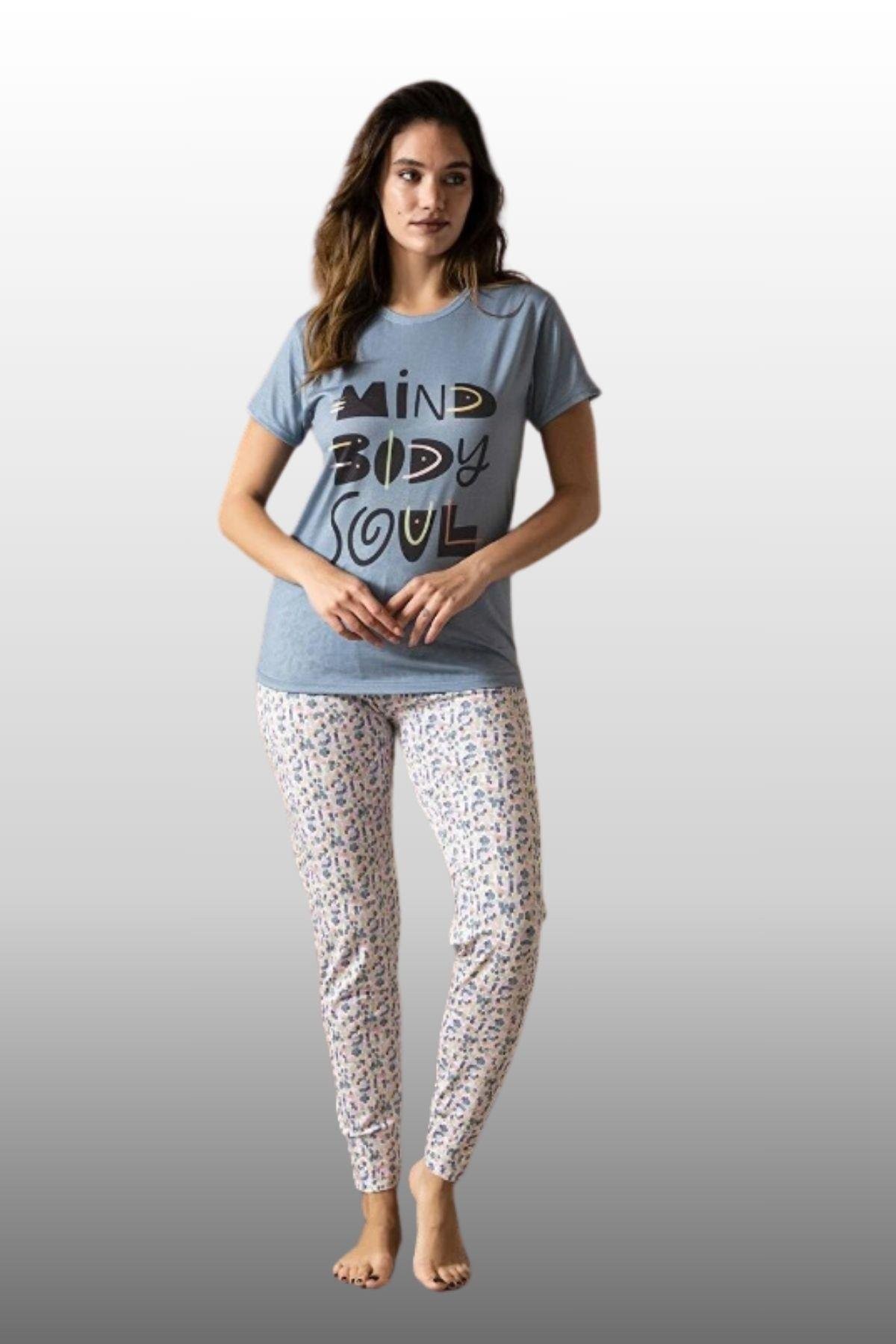 Kadın Mavi Renk Desenli Pamuklu Kısa Kol Pijama Takımı