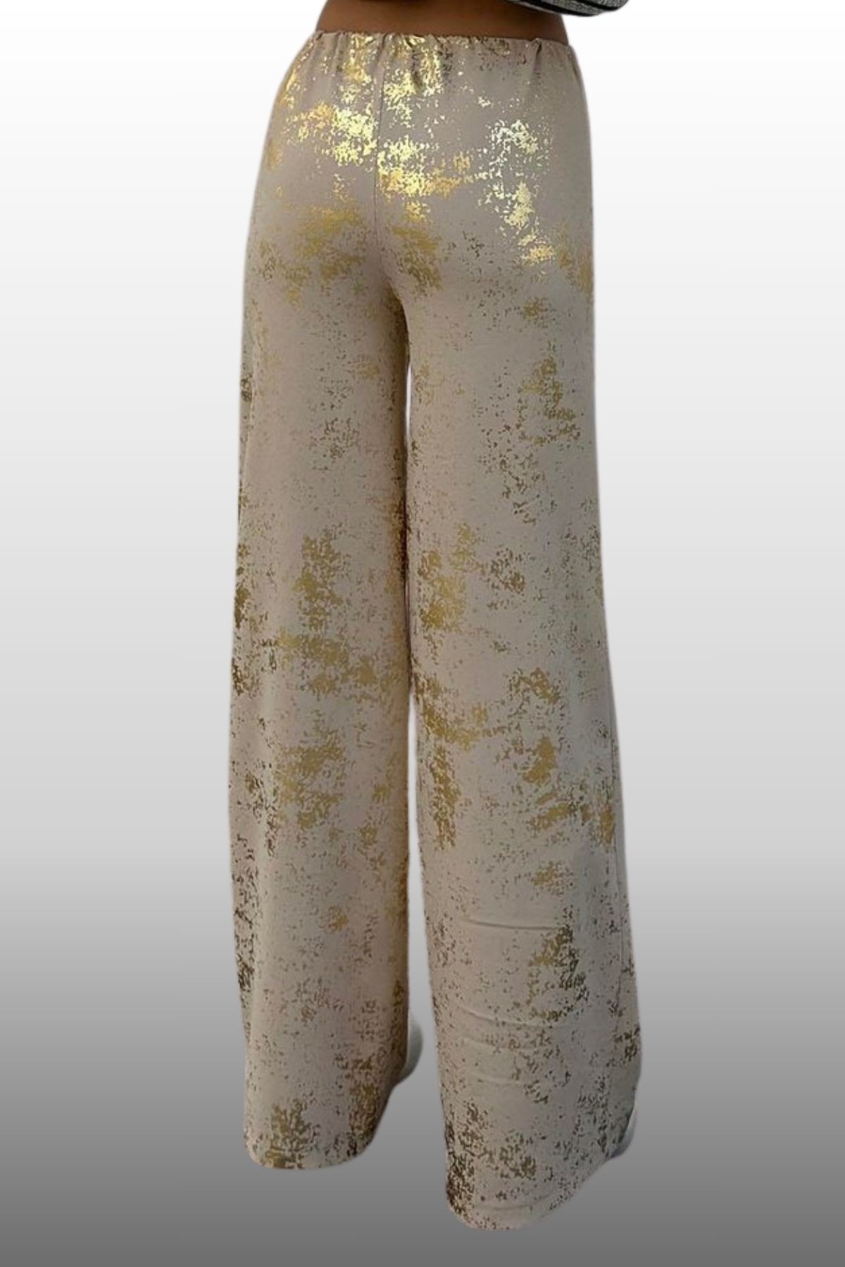Kadın Varak Baskılı Krem Renk Mevsimlik Beli Lastikli Bağlamalı Geniş Paça Pantolon