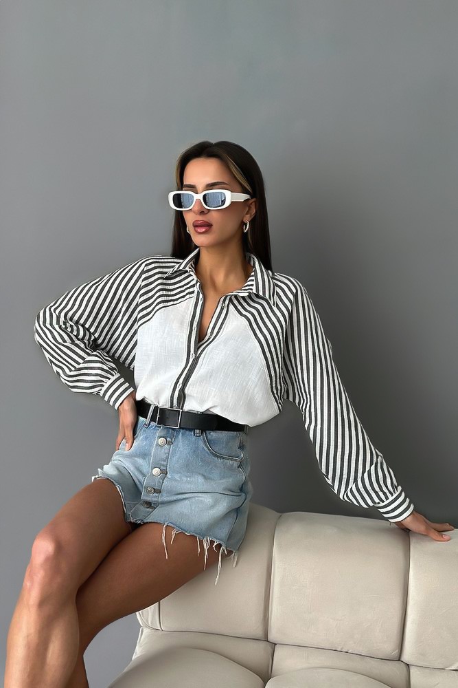 Kadın Keten Oversize Siyah Cizgili Beyaz Gömlek