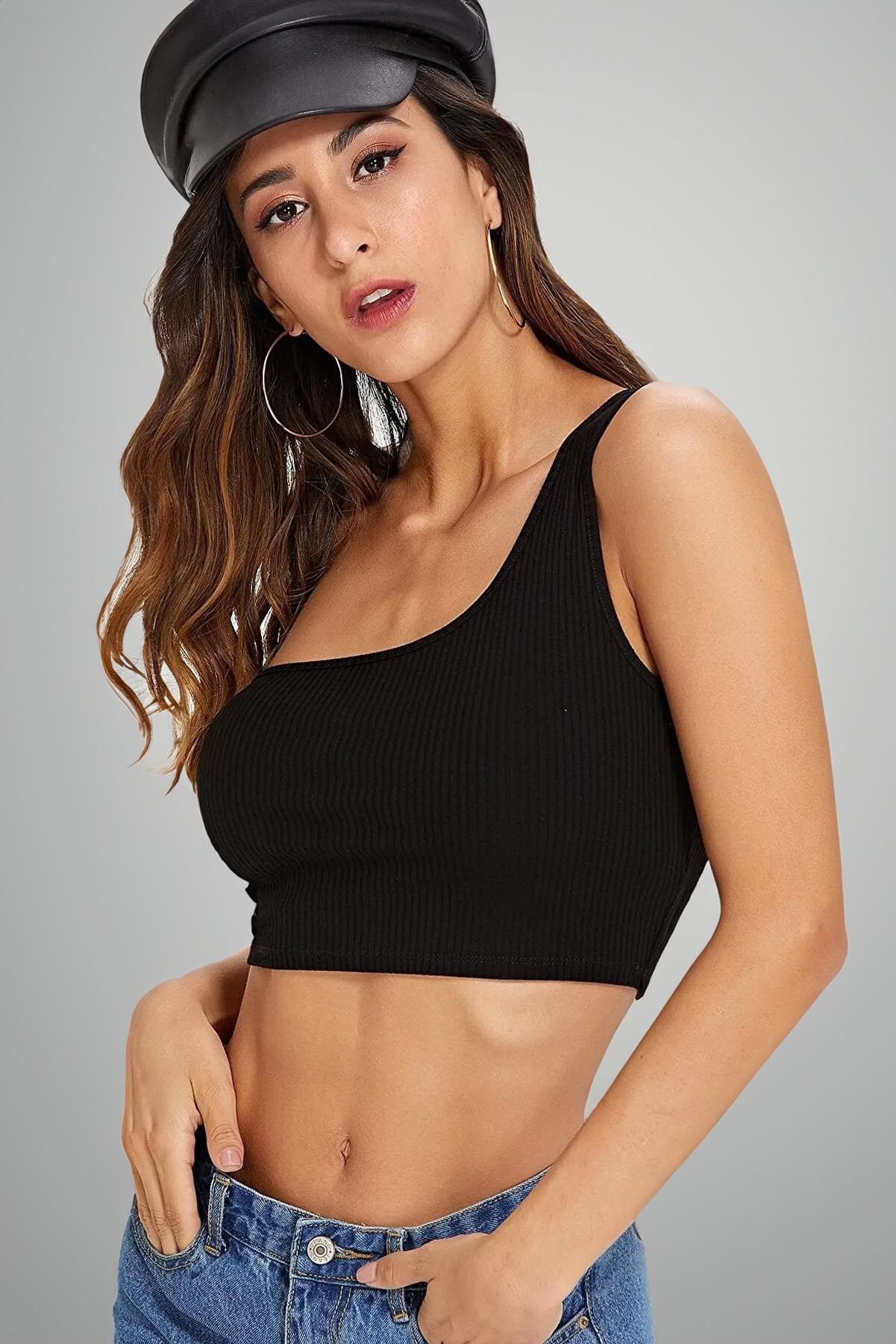 Kadın Siyah Tek Omuz Fitted Slim Crop Büstiyer