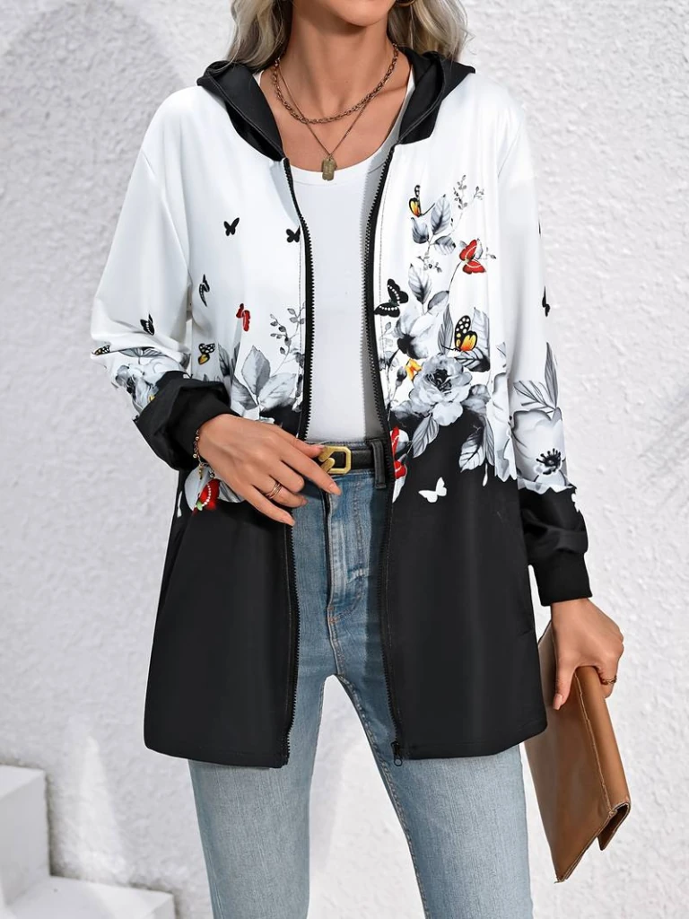 Kadın Uzun Kollu Kapşonlu Fermuarlı çiçek-kelebek Desenli şardonlu Dalgıç Ceket