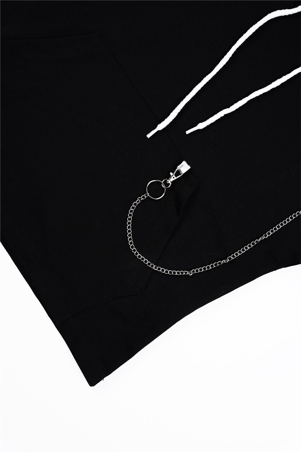 Kadın Siyah Kapşonlu Cepli Zincirli Sweatshirt