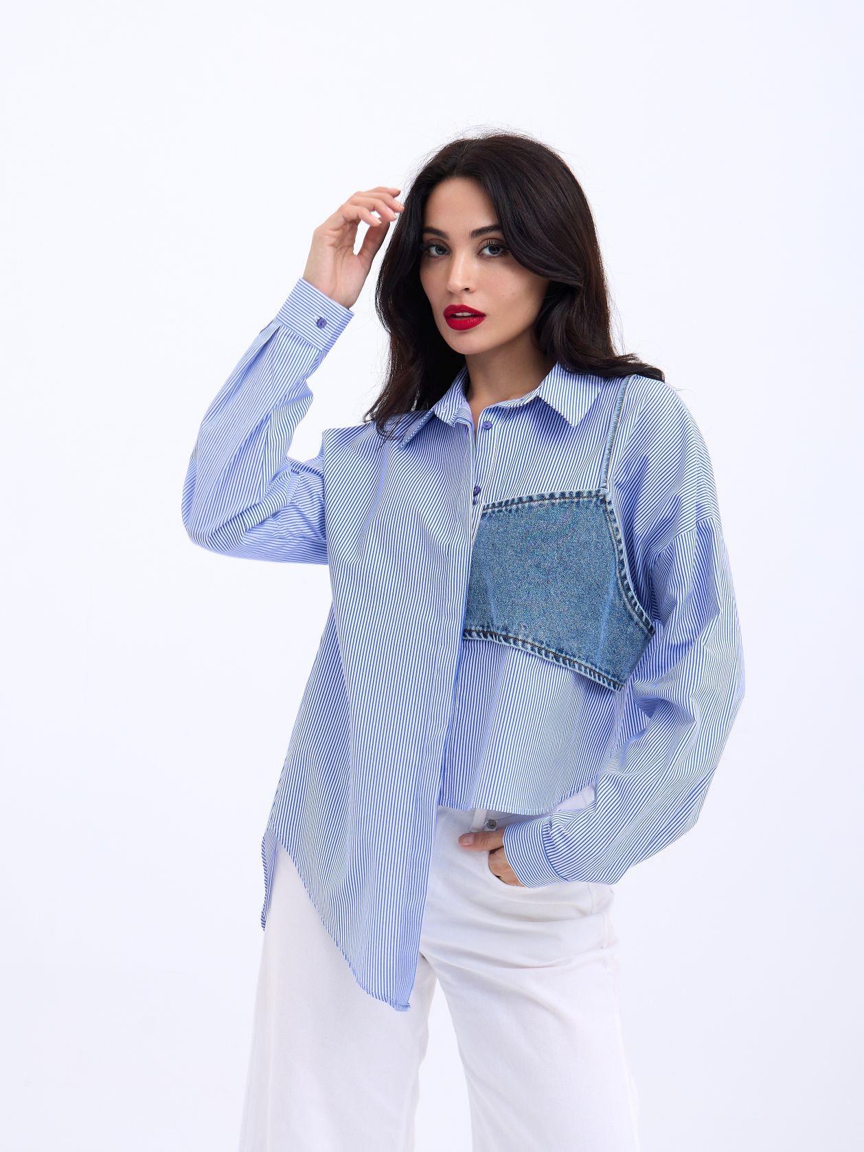 Simala Kadın Trend Detaylı Mavi Çizgili Gömlek 